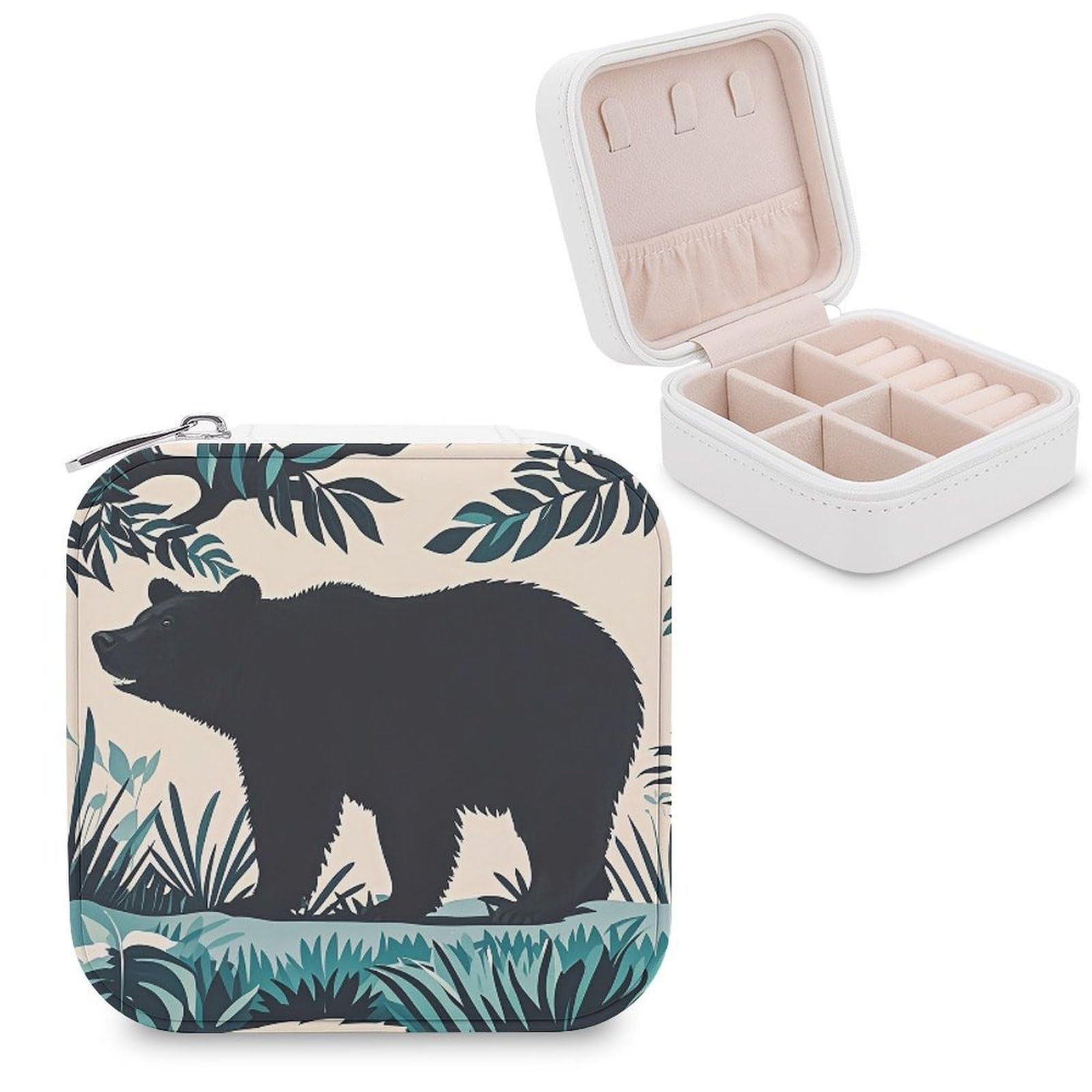 LZQPOEAS Bear Silhouette Jewelry Box Mini Jewelry Travel Case Trendy Stuff Ring Box Custom PU Leather Jewelry Boxes Portable Jewelry Case Earring Storage Organizer for Girls Women
