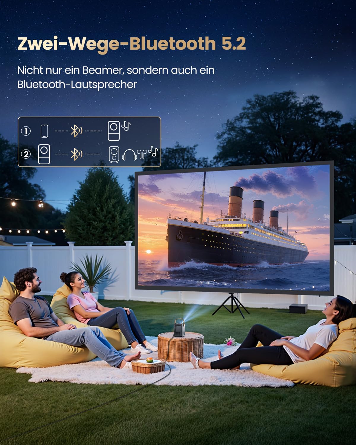 Mini Beamer 4K Smart Beamer Klein with WiFi6 2-Wege Bluetooth Full HD 1080P Elektrischer Fokus Auto Vertikale Trapezkorrektur Kurzdistanz Projektor