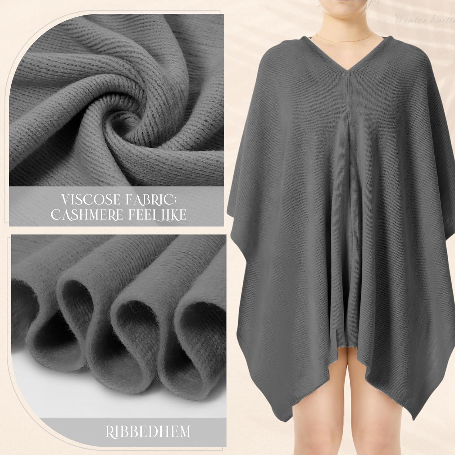 Hercicy Women Ponchos Sweater Solid Knit Versatile Lightweight Shawl Wrap Scarf Cape Poncho Accessories for Women - Image 3