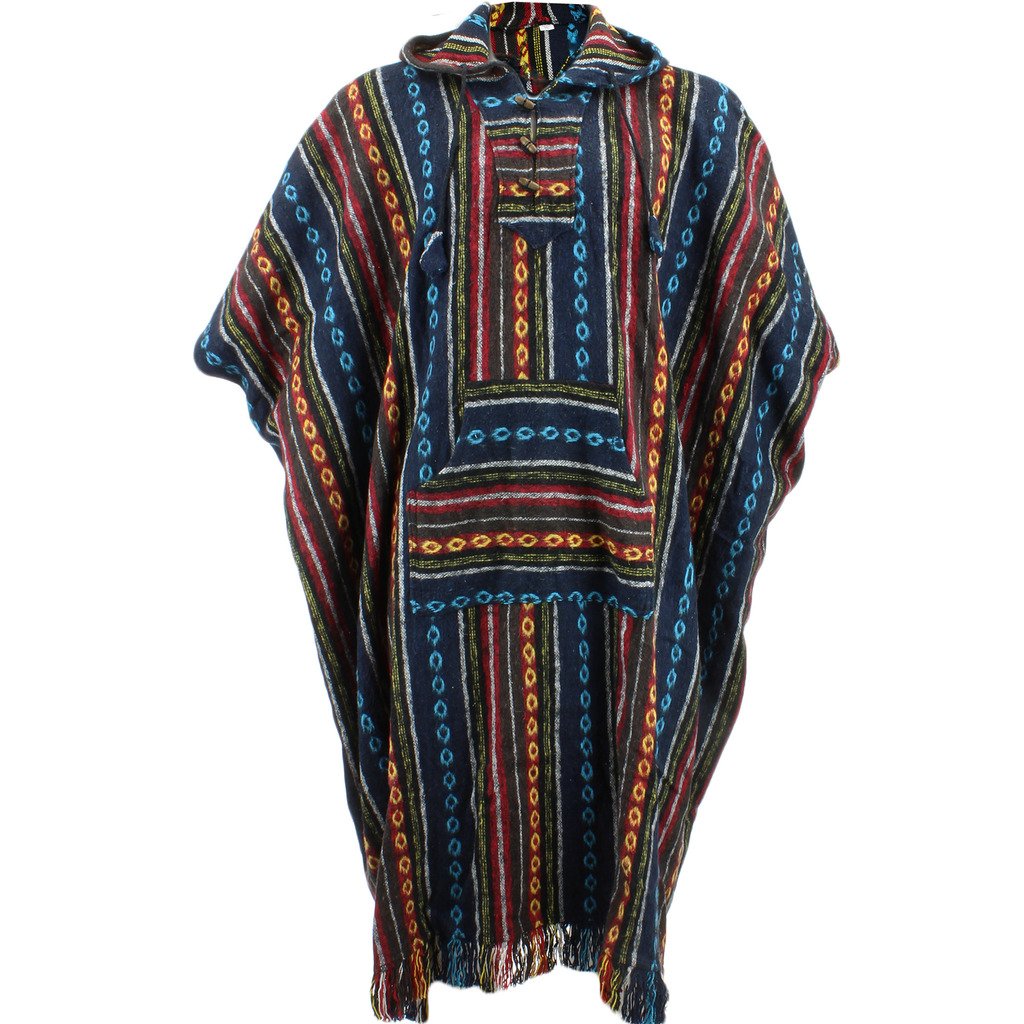 Loud Ponchos Blue & Red Woven Cotton Hooded Long Poncho By Loud