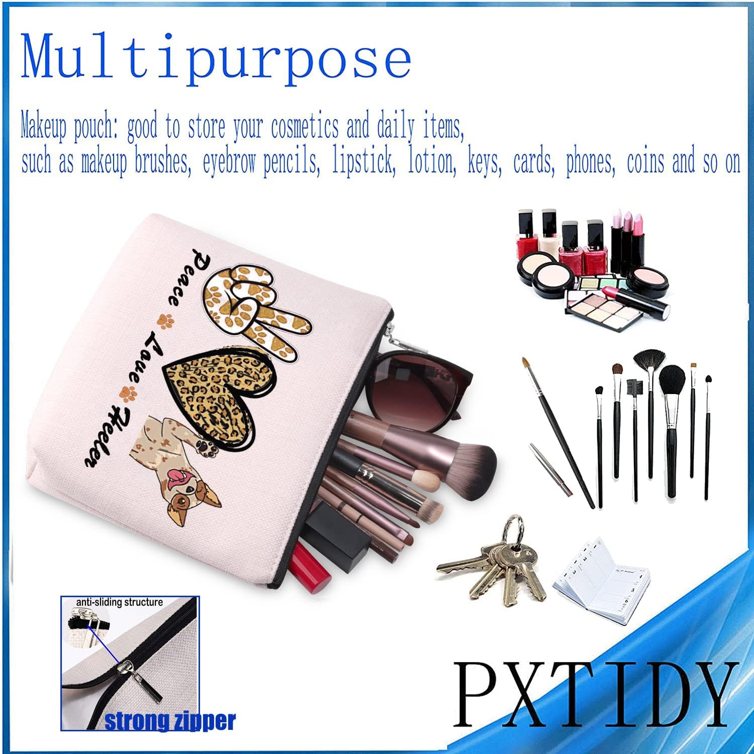 PXTIDY Blue Heeler Makeup Bag Heeler Lover Gift Peace Love Heeler Cosmetic Bag with Zipper Australian Cattle Dog Owner Gift Heeler Mom Gifts image 4