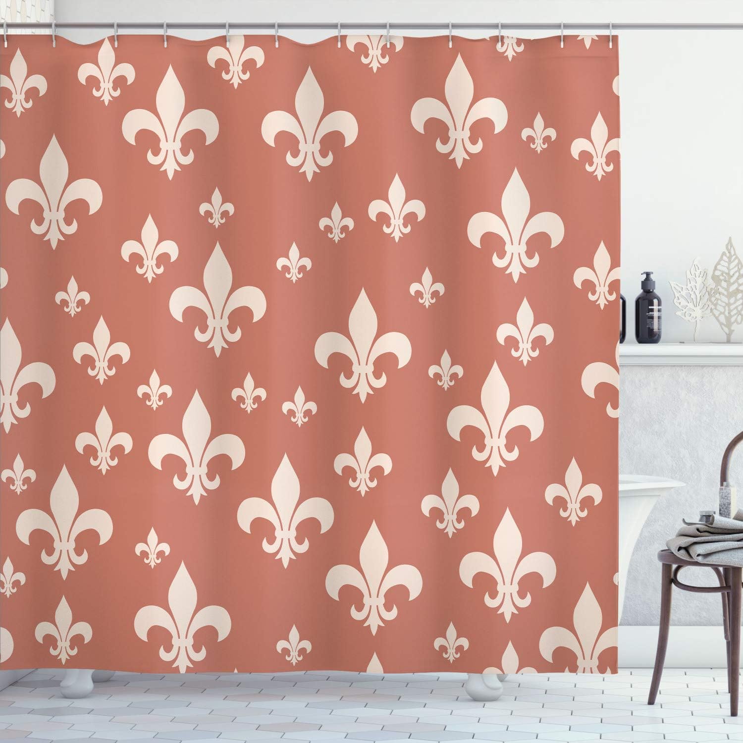 Ambesonne Fleur De Lis Shower Curtain, Lily Pattern Classic Retro Royal Vintage European Iris Ornamental Artwork, Cloth Fabric Bathroom Decor Set with Hooks, 70" Long, Brown Champagne