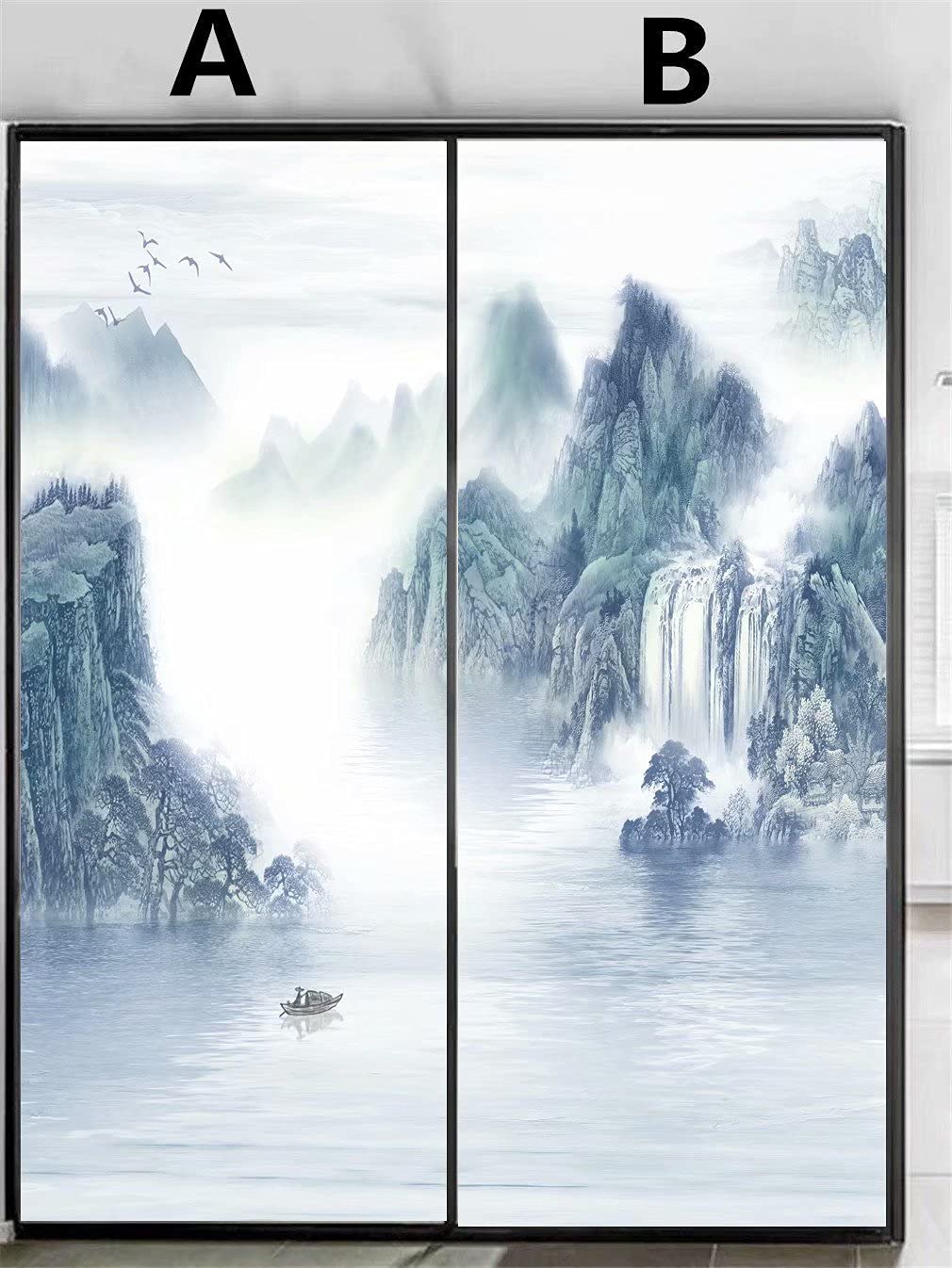 Privacy Window Film Ink Landscape Painting 73AB Decorative Opaque Non-Adhesive Static Cling Frosted Glass Window Film Window Stickers for Home Office 65x140cm(25.6