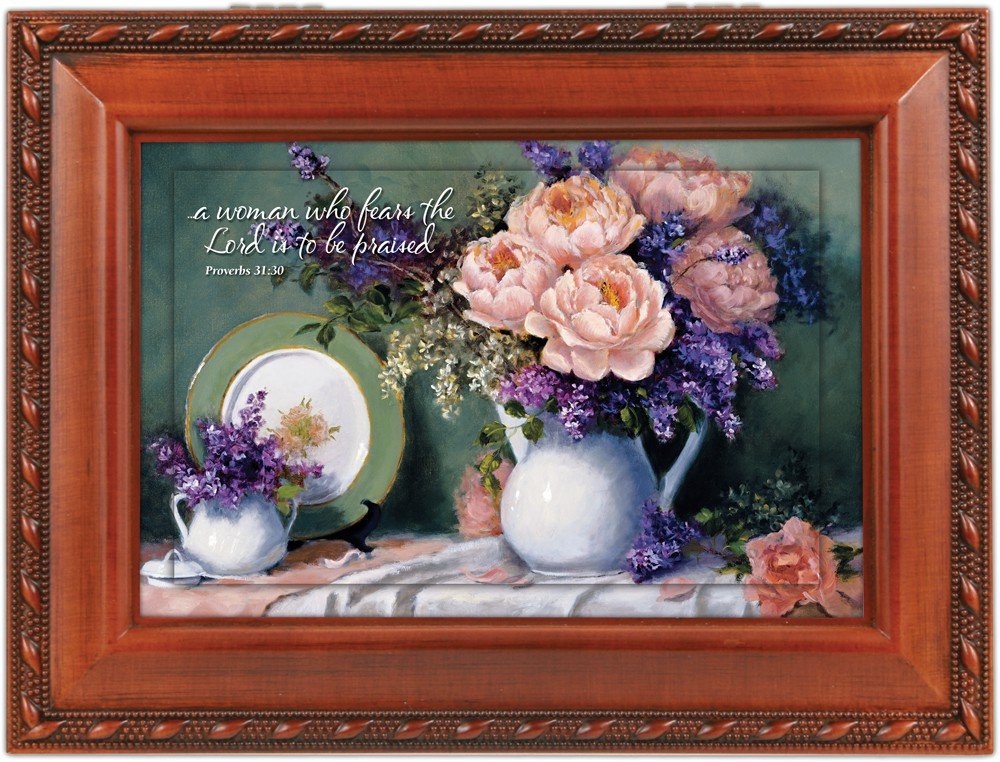 Floral Mother Woodgrain Inspirational Cottage Garden Traditional Music Box Plays Amazing Grace