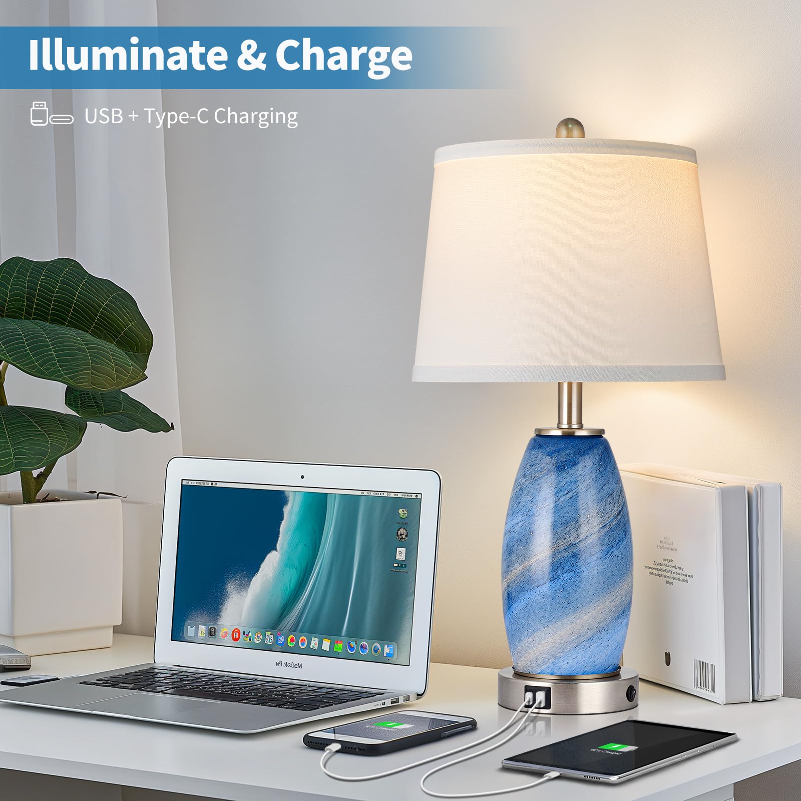 Lovlast Blaue Lampen 2er Set für Schlafzimmer & Nachttisch mit 3-Wege-Beleuchtungsmodi & USB C+A - Moderner Stil Glas Nachttisch Tischlampen für Wohnzimmer & Schlafzimmer Dekoration (59.7 cm H)
