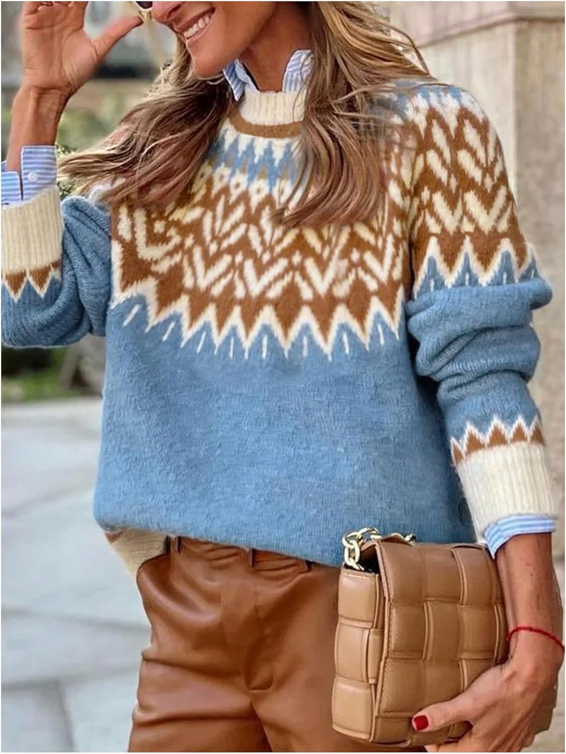 MakeMeChic Women's Chevron Crew Neck Sweater Long Sleeve Knitted Pullover Jumper Tops - Image 5