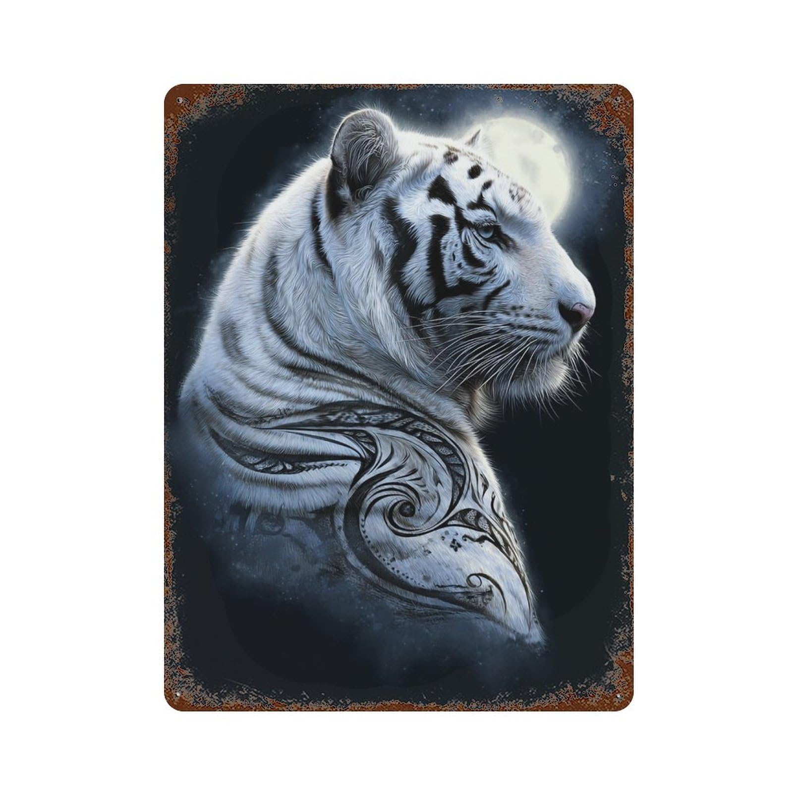 White Tiger Moon Art Print Rusty Metal Tin Sign 15.7"x11.8", for Basement, Hobby Room And Garage Decor, Retro Wall Decor