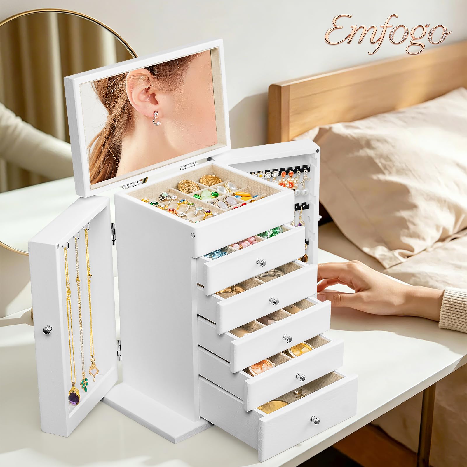 Schmuckkästchen, 6 Ebenen Schmuckaufbewahrung für Damen, Rustikales Holz Groß Schmuckkasten Organizers mit Spiegel, Schmuckbox für Ringe, Ohrringe, Armbänder, Halsketten (Weiß)
