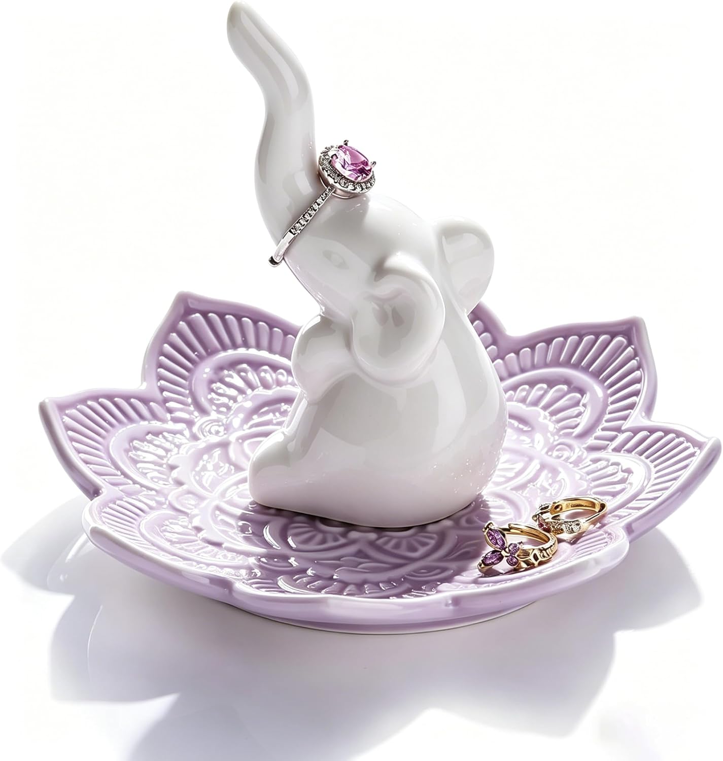 PUDDING CABIN White Elephant Gifts for Women - Elephant Ring Holder Purple Mandala Jewlery Dish, Lavender Room Decor, Housewarming, Mothers Day, Christmas, Birthday Gift for Women