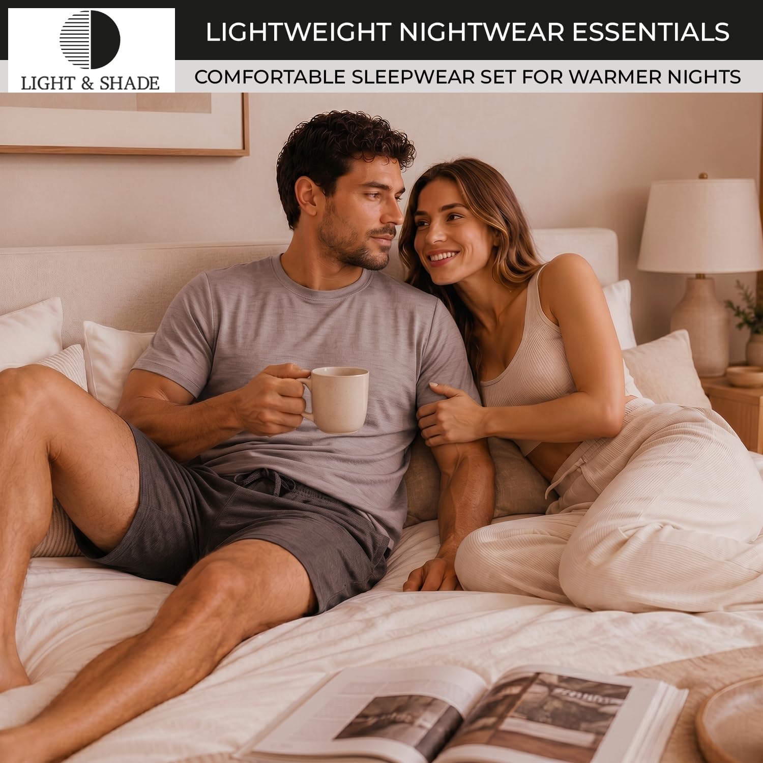 Light & Shade Conjunto Hombre Algodón Loungewear – Pijama con Camiseta y Pantalón Corto, Ropa Dormir Ligera Transpirable con Cordón Verano