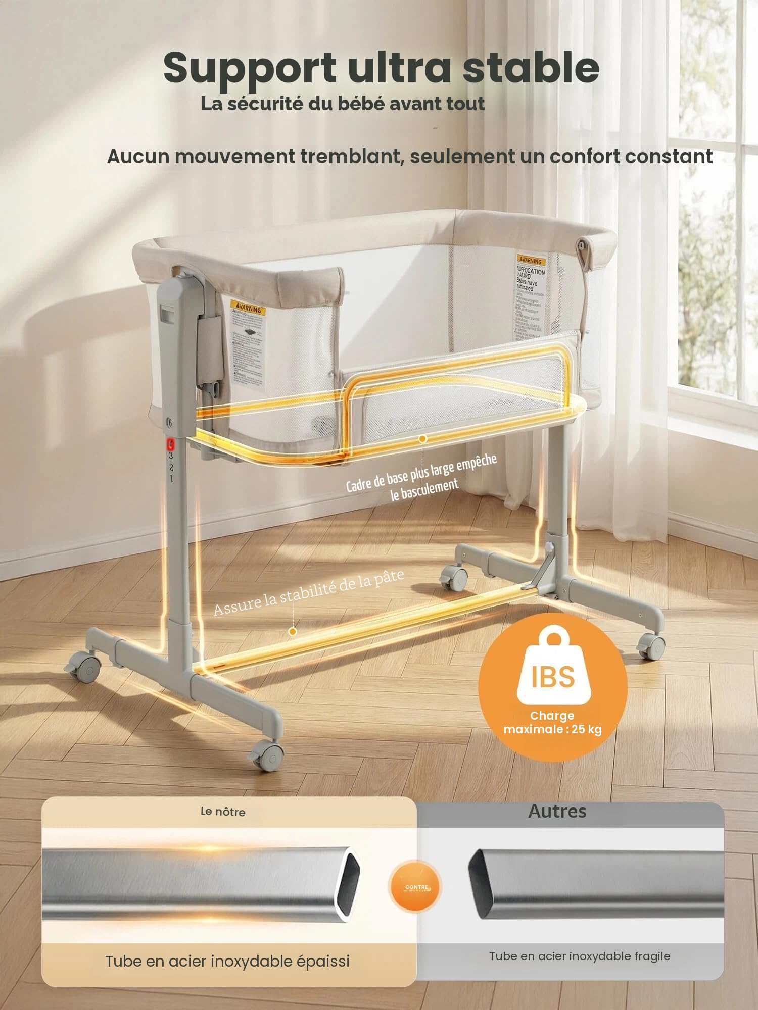 Berceau Cododo 3-en-1 à Bascule avec Roues Lit Bébé Réglable en Hauteur 6 Positions Matelas Doux Mousse Respirante