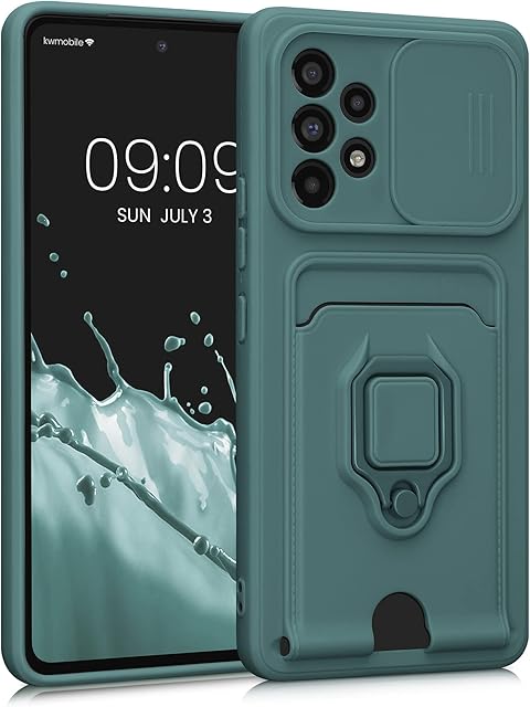 kwmobile Plastic Case Compatible with Samsung Galaxy A53 5G - Case with Metal Stand Card Slot Finger Holder - Moss Green