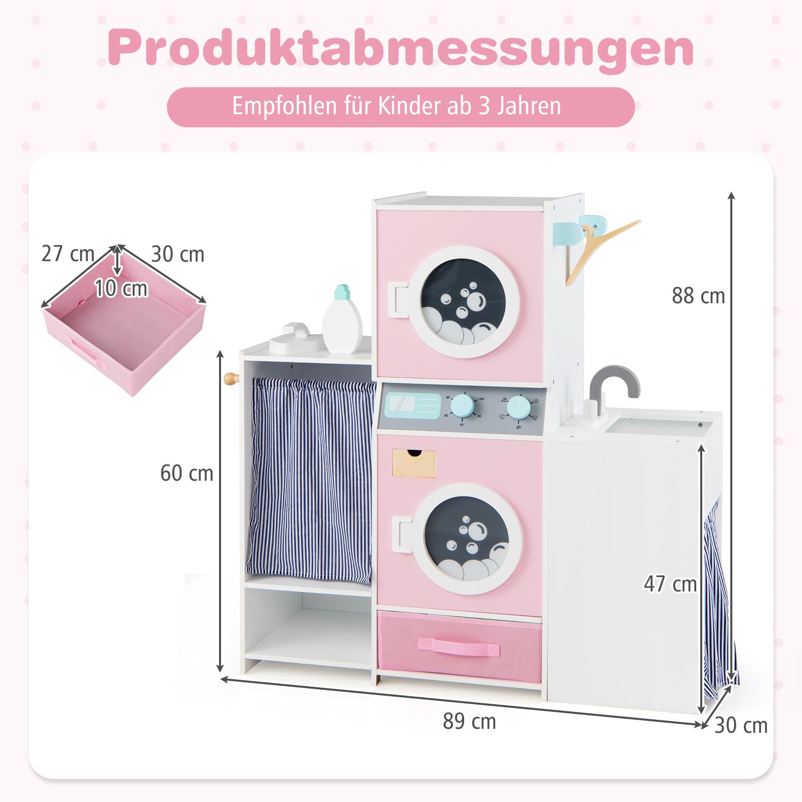 COSTWAY Kinder Waschmaschine Holz, Spielzeug Waschmaschine-Set mit Waschmittel, Bügeleisen, Kleiderbügeln & Stoffschublade, Wäsche-Set für Kinder ab 3 Jahren