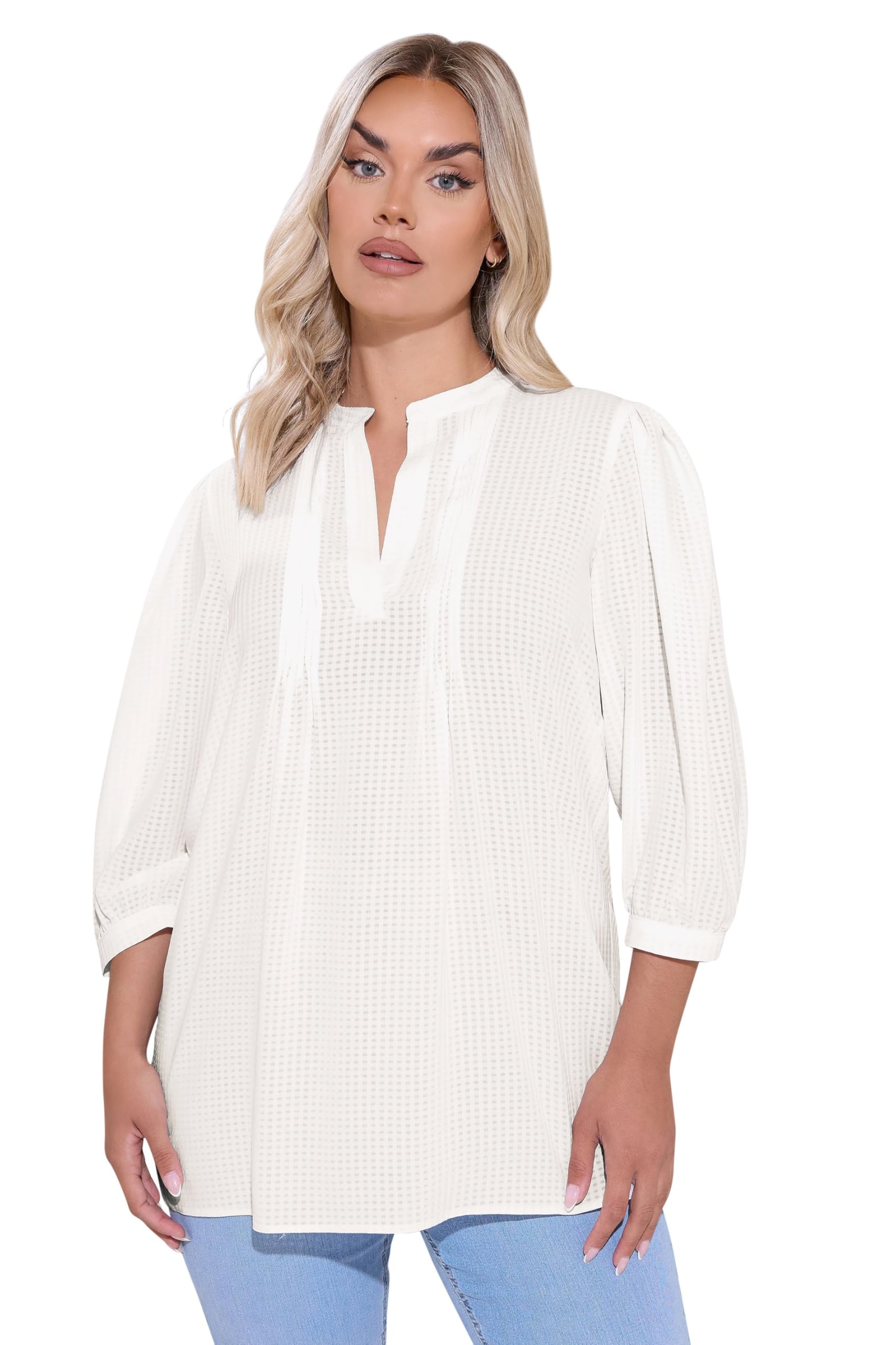 Yours Women's White Curve Woven Check Pintuck Blouse - Plus Size Curve
