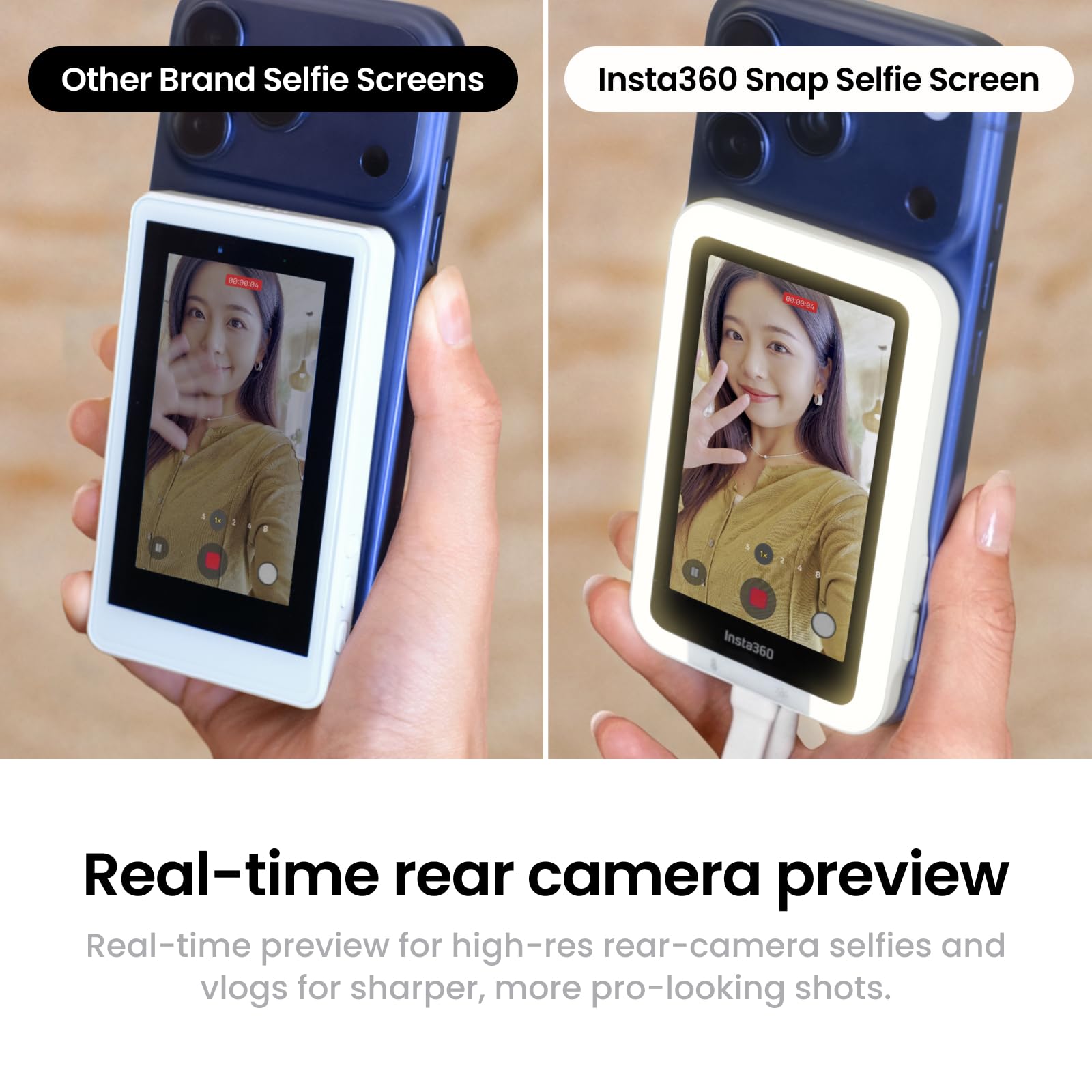 Insta360 Snap Selfie Screen with Light - 4K Magnetic Selfie Monitor Screen for Selfie, Vlogging, Compatible with iPhone & Android, Adjustable Lighting, Touchscreen Control, Wired Instant Connection - 3