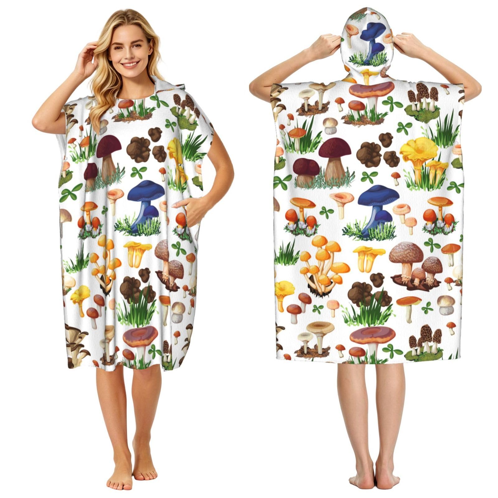 Poadnly Japanese Painting Mushroom, Adult Hooded Beach Towel 90 x 110 cm,Changing Bath Robe, Surf Poncho Towel For Women Men