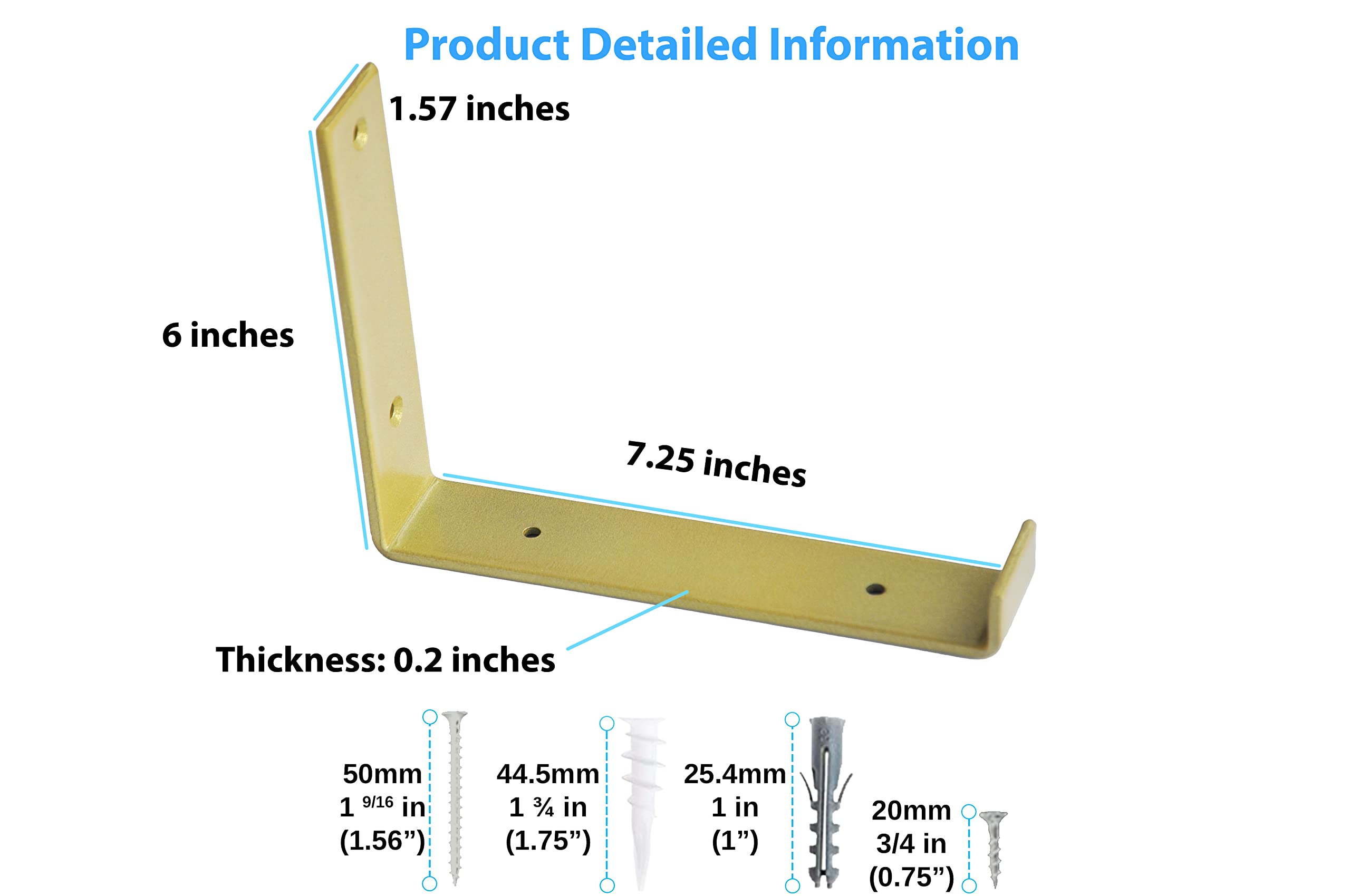 Staffe per mensole, confezione da 4 staffe per scaffali, 17,25 cm di lunghezza x 15,0 cm di altezza x 1,5 cm di larghezza, in metallo dorato galleggiante, staffe per mensole aperte a parete