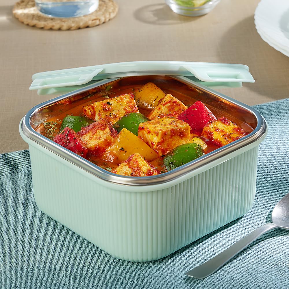 Freshbyte 800ml Square Food Storage Container with Airtight Stainless Steel Lid | Fridge Container for Lunchbox | Food Grade Steel | Microwave Safe | Pale Green