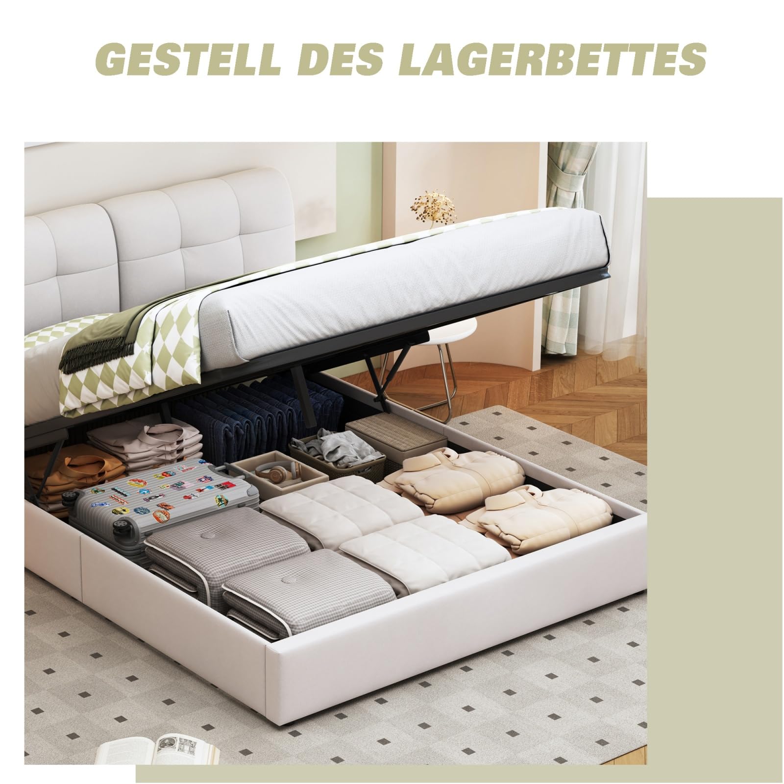 Letto matrimoniale imbottito con contenitore, struttura letto ottomana in velluto con alzata a gas, letto per camera da letto con LED e rete a doghe, per adulti e ragazzi, beige, senza