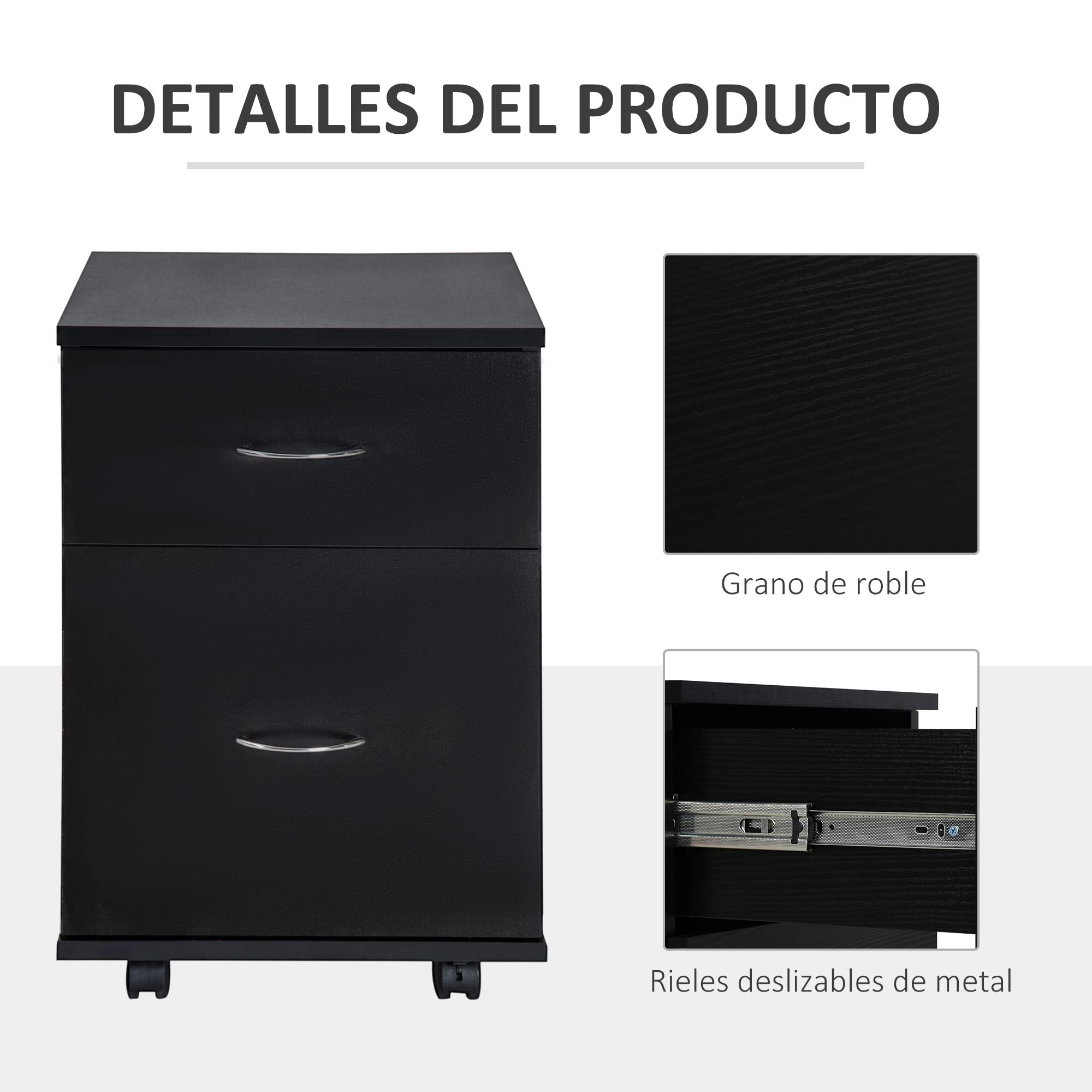 HOMCOM Cajonera de Oficina y Hogar Tipo Archivador de Madera Móvil con Ruedas y 2 Cajones 41x39x58cm Negro