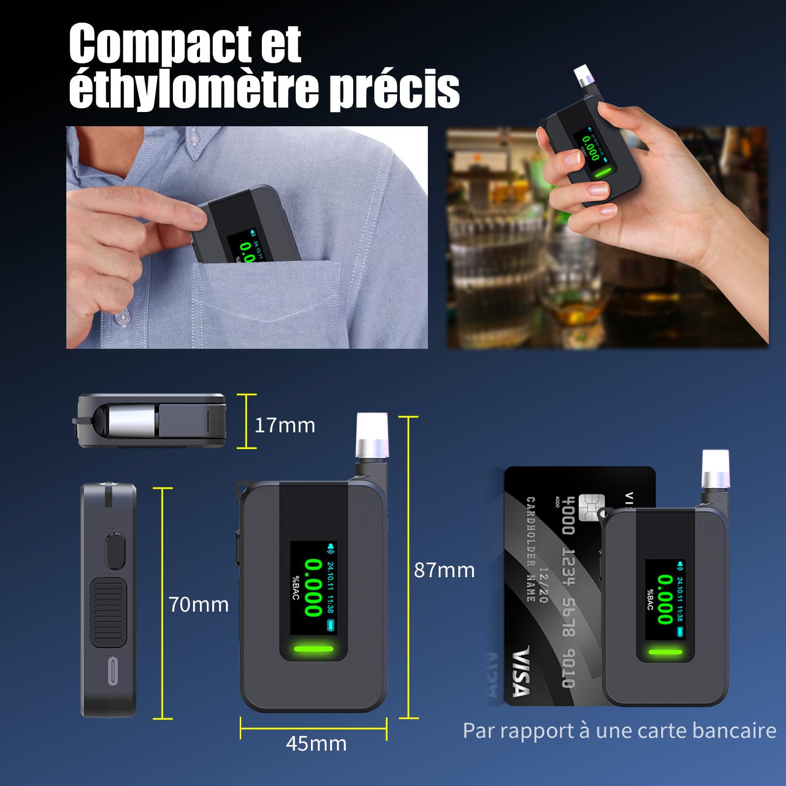 ethylotest electronique avec capteur électrochimique, ethylometre, éthylotest avec 15 Embouts buccaux, alcootest avec écran IPS HD, Comprend Une Batterie intégrée et Un câble de cha