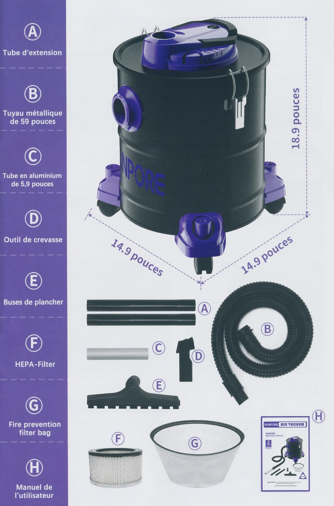 Aspirateur à Cendres KAMINER 20L 1600W - Double Filtre Pour Cheminée, Poêle, Barbecue | Fonction Souffleur