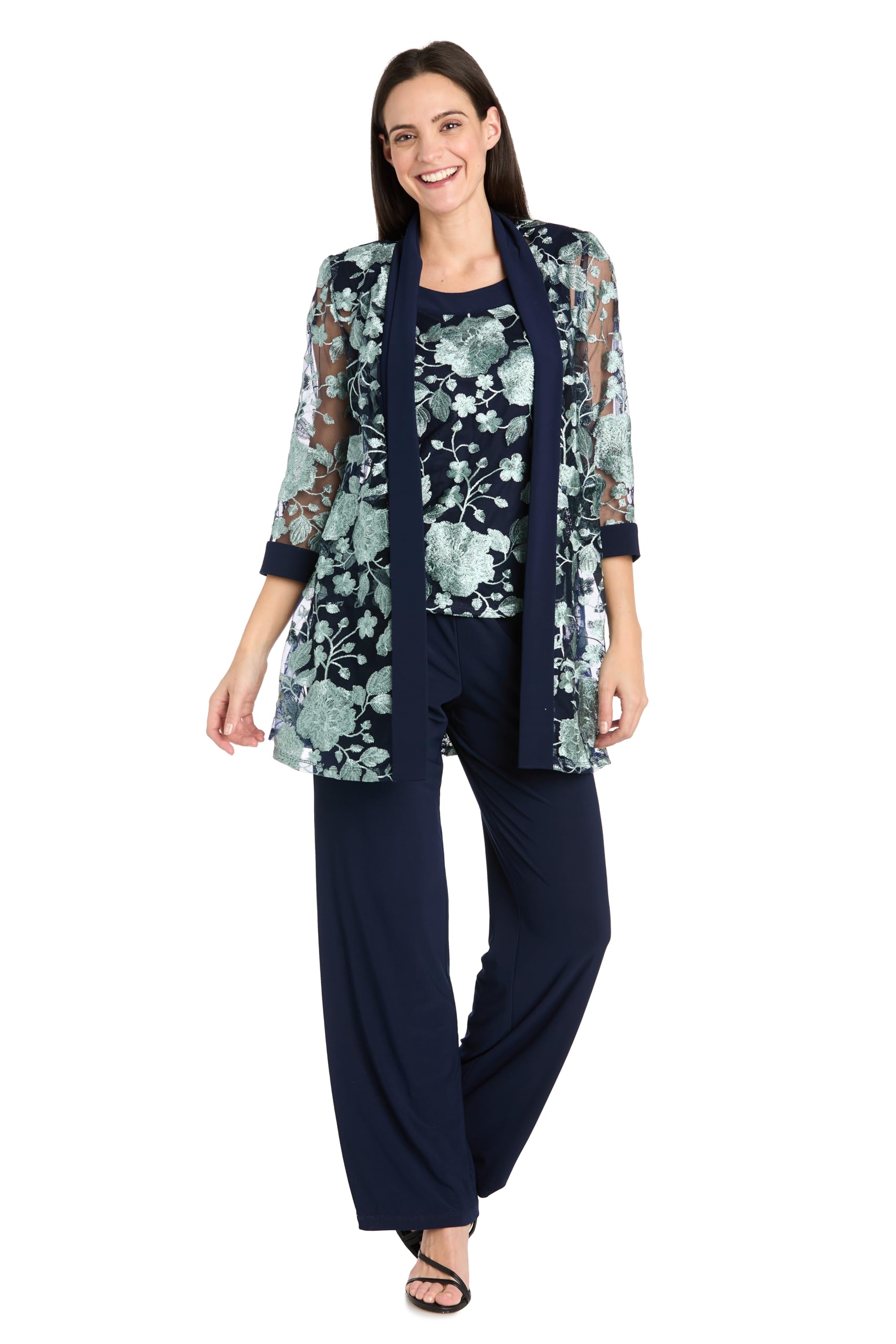 R M Richards Womens 2-Piece Sheer Floral Embroidered Mock Jacket Pantsuit W Pull-On Pants