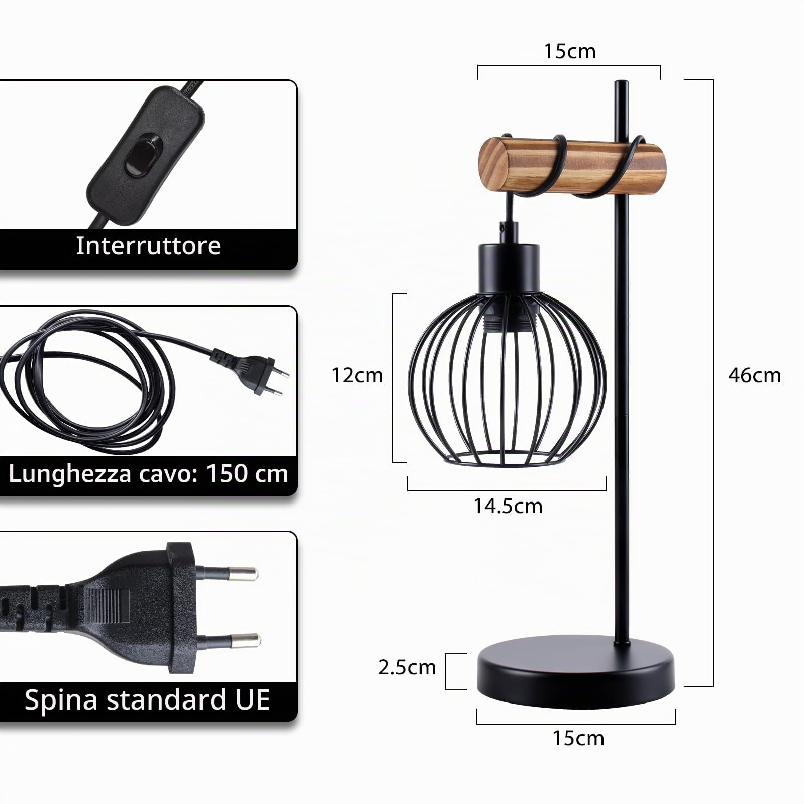ZMH Lampada da tavolo vintage, lampada da comodino per soggiorno E27: | lampada da tavolo retrò a 1 luce in design industriale in metallo nero, lampada da comodino con cavo - senza lampadina