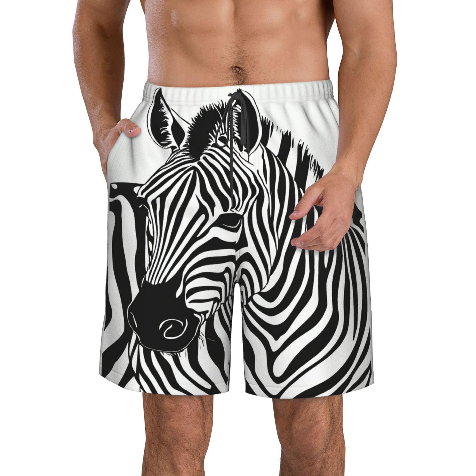 Nbrieu Men's White Zebra Print Beach Shorts Quick Dry Elastic Waist Lightweight Casual Fashion, Xl