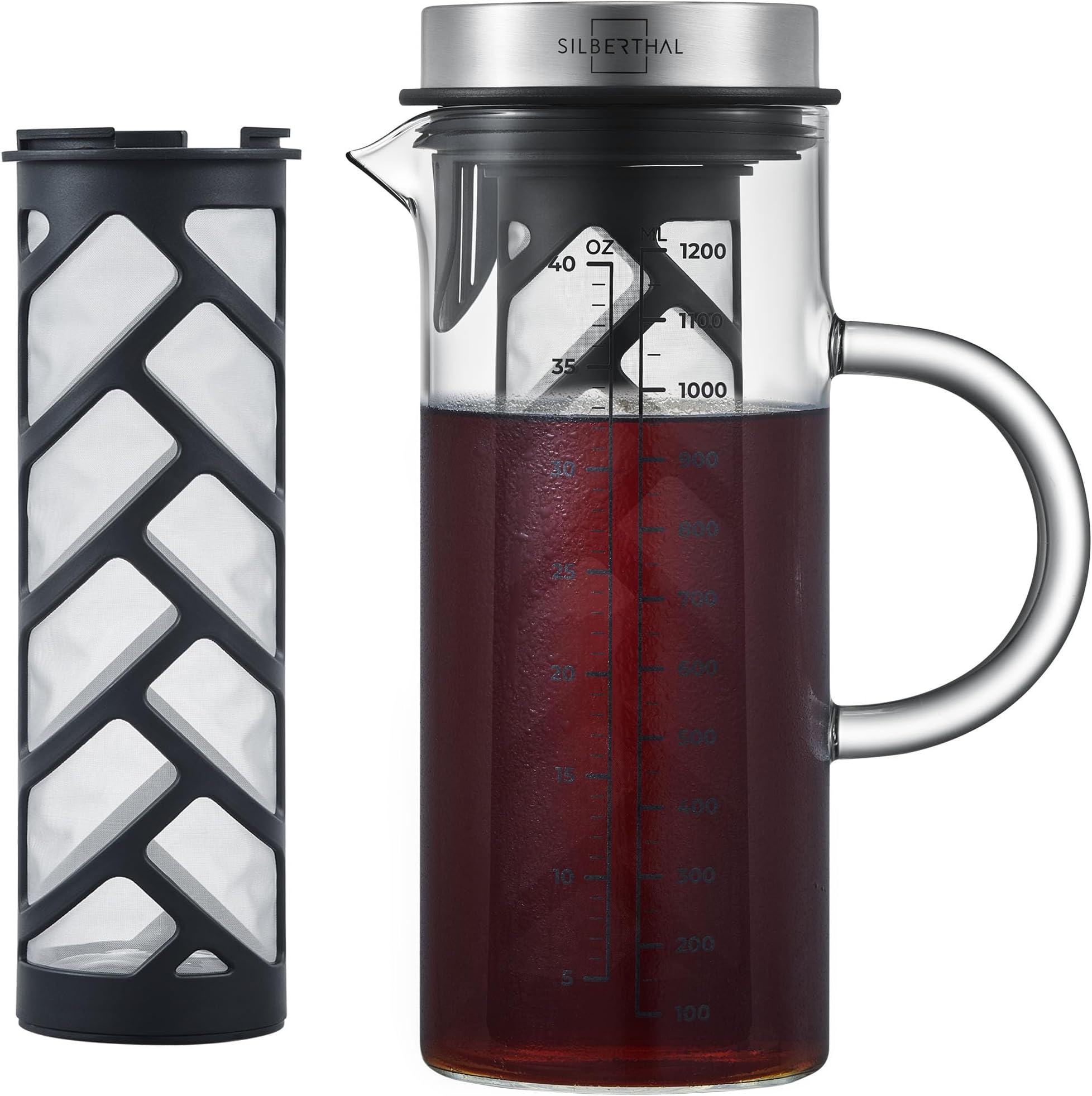 Cold Brew Coffee Maker - Glass & Stainless Steel - Long Insert for Iced Coffee & Tea - 1.2L