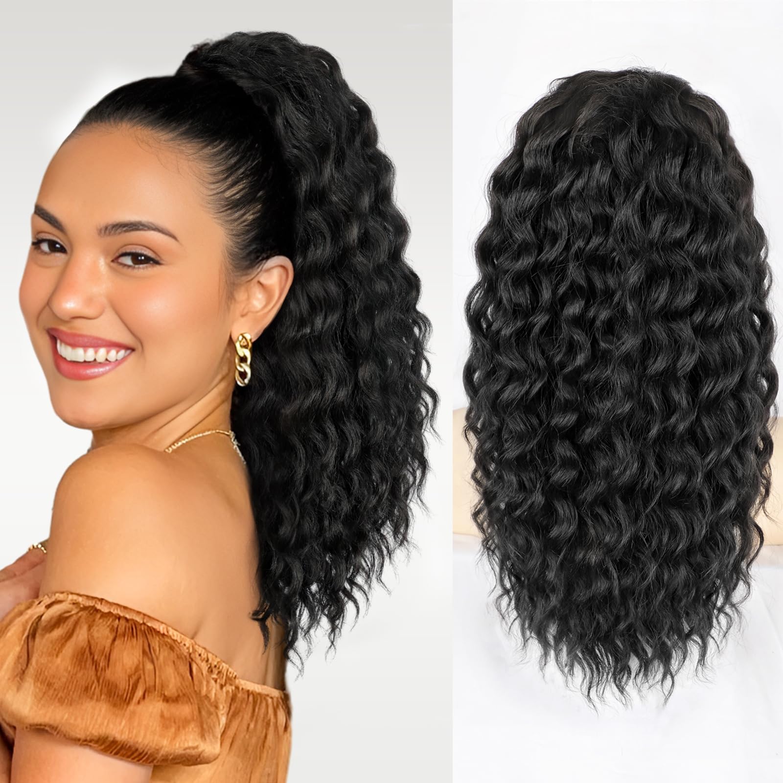 HMD Curly Ponytail Extension Drawstring Ponytail for Black Women Natural Black Curly Clip in Hair Extensions 18 Inch Ponytail Extension Synthetic Hairpiece for Daily Party(1B)