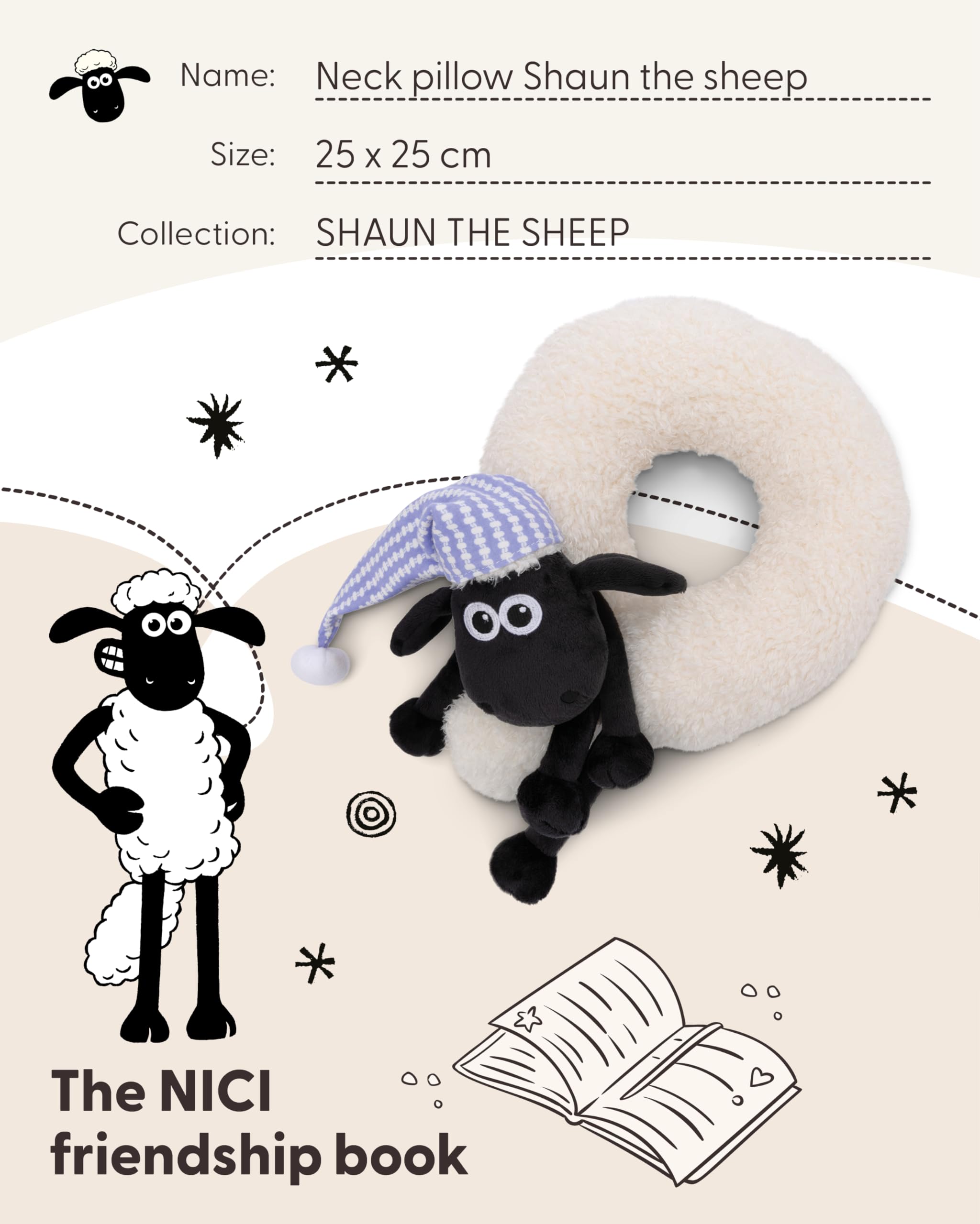 NICI poduszka na szyję dla dzieci Shaun the Sheep 25x25cm - Poduszka na szyję - Puszysta poduszka dla dzieci dla dziewczynek i chłopców - Idealna jako poduszka podróżna - 49655