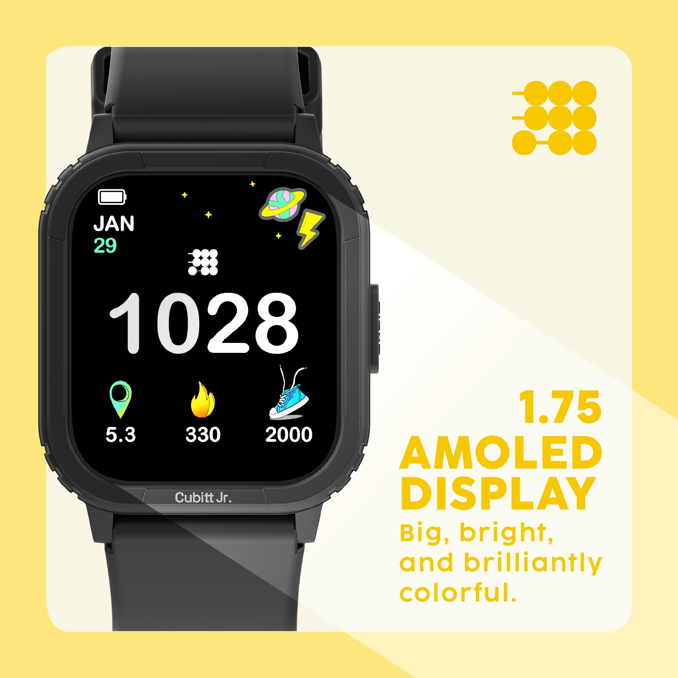 Cubitt Jr. Smartwatch Fitness Tracker per bambini e ragazzi con giochi, contapassi, monitoraggio del sonno, cardiofrequenzimetro, calcolatrice, monitoraggio attività, touchscreen AMOLED da 1,75