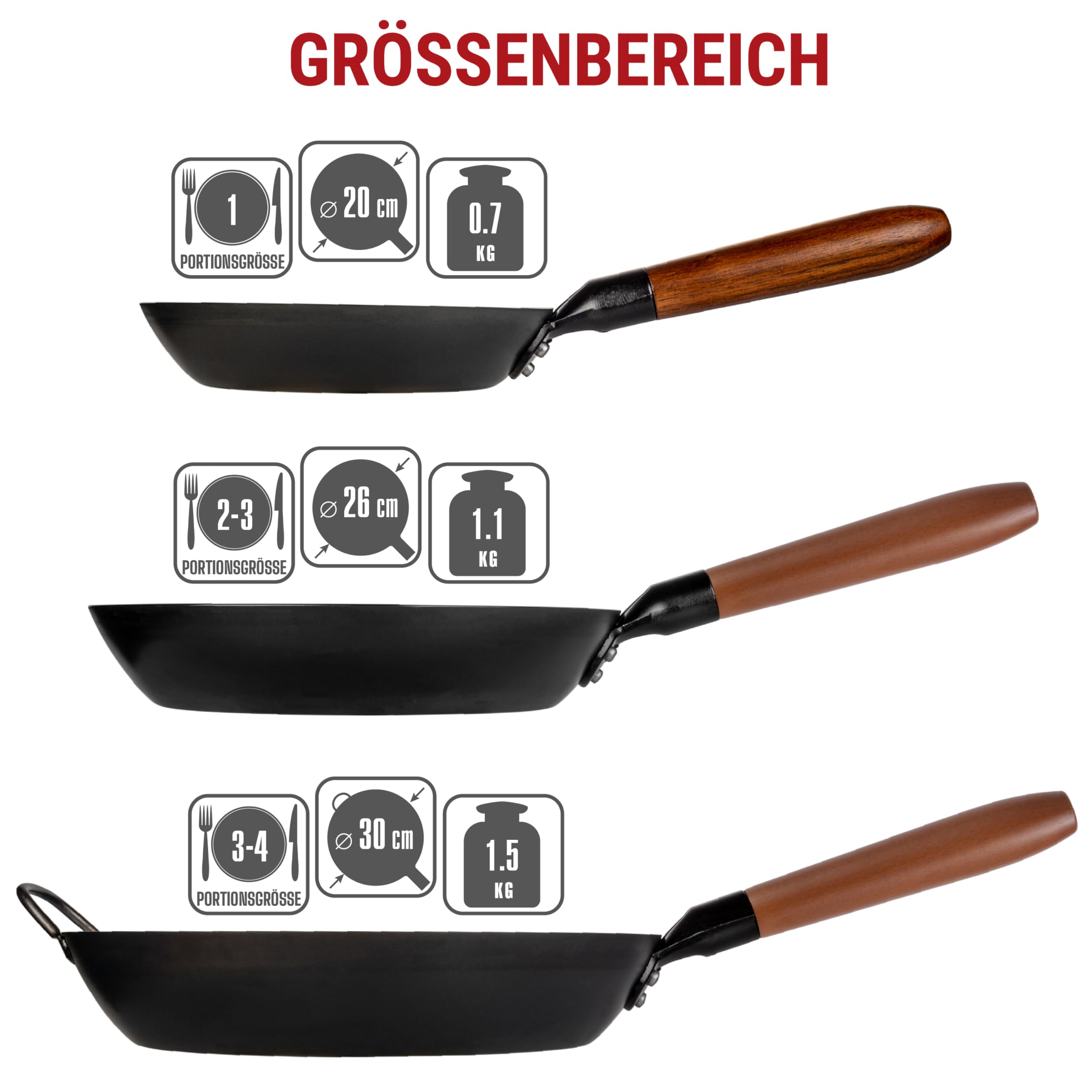 YOSUKATA Carbonstahl Pfanne - 26-cm-Bratpfanne - Pfanne alle Herdarten | Beschichtungsfreie Karbonstahlpfanne - Robuste Kohlenstoffstahl-Pfannen mit Abnehmbaren Griff - Hitzebeständigem Holzgriff