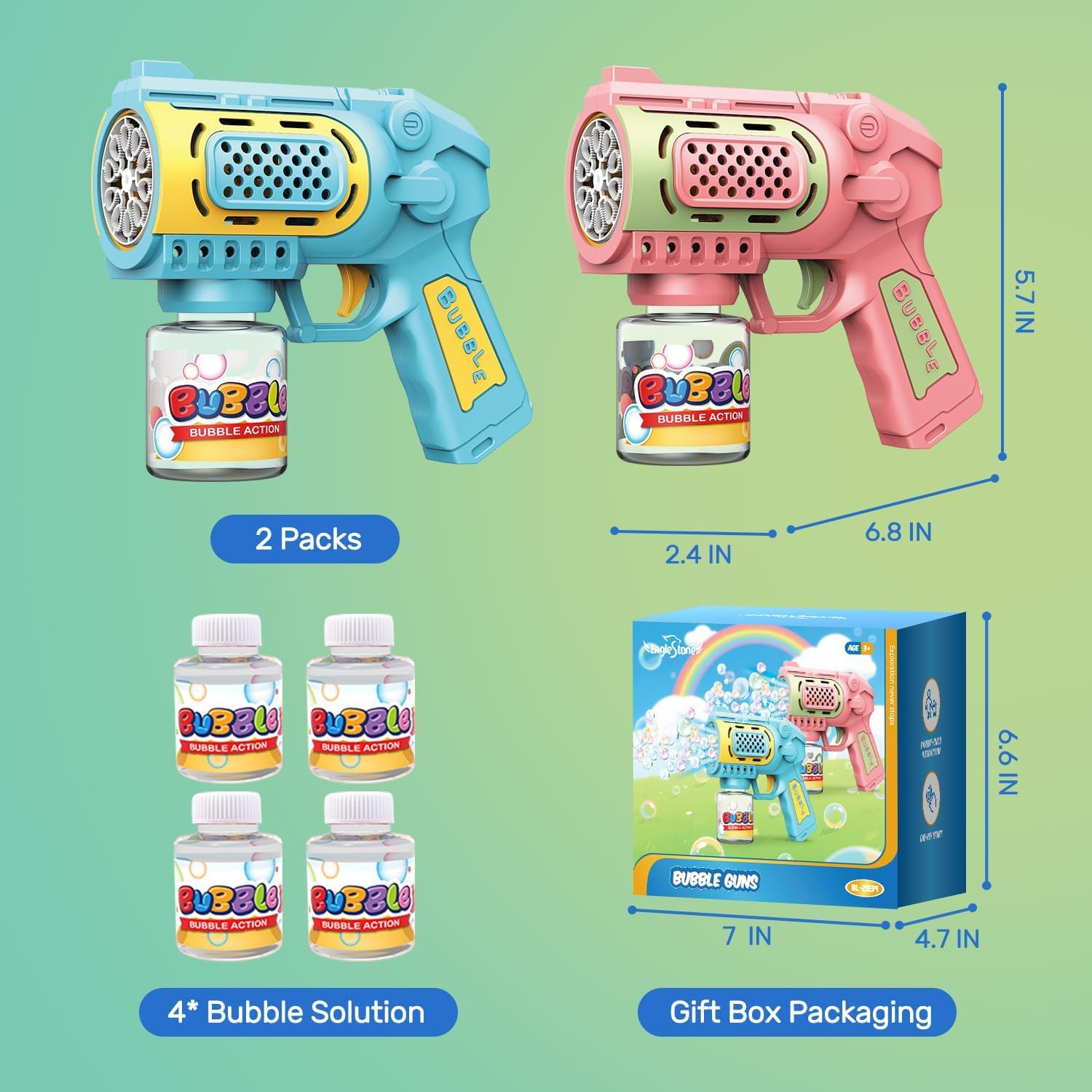 EagleStone Bubble Gun Toys for 3+ Year Old Kids Boys Girls, 2 Pack Automatic Bubble Machine with Bubble Solution, Summer Outdoor Kids Toys for Ages 3-4,4-6,5-7, Birthday Gifts for 3 4 5 6 7 8 Year Old