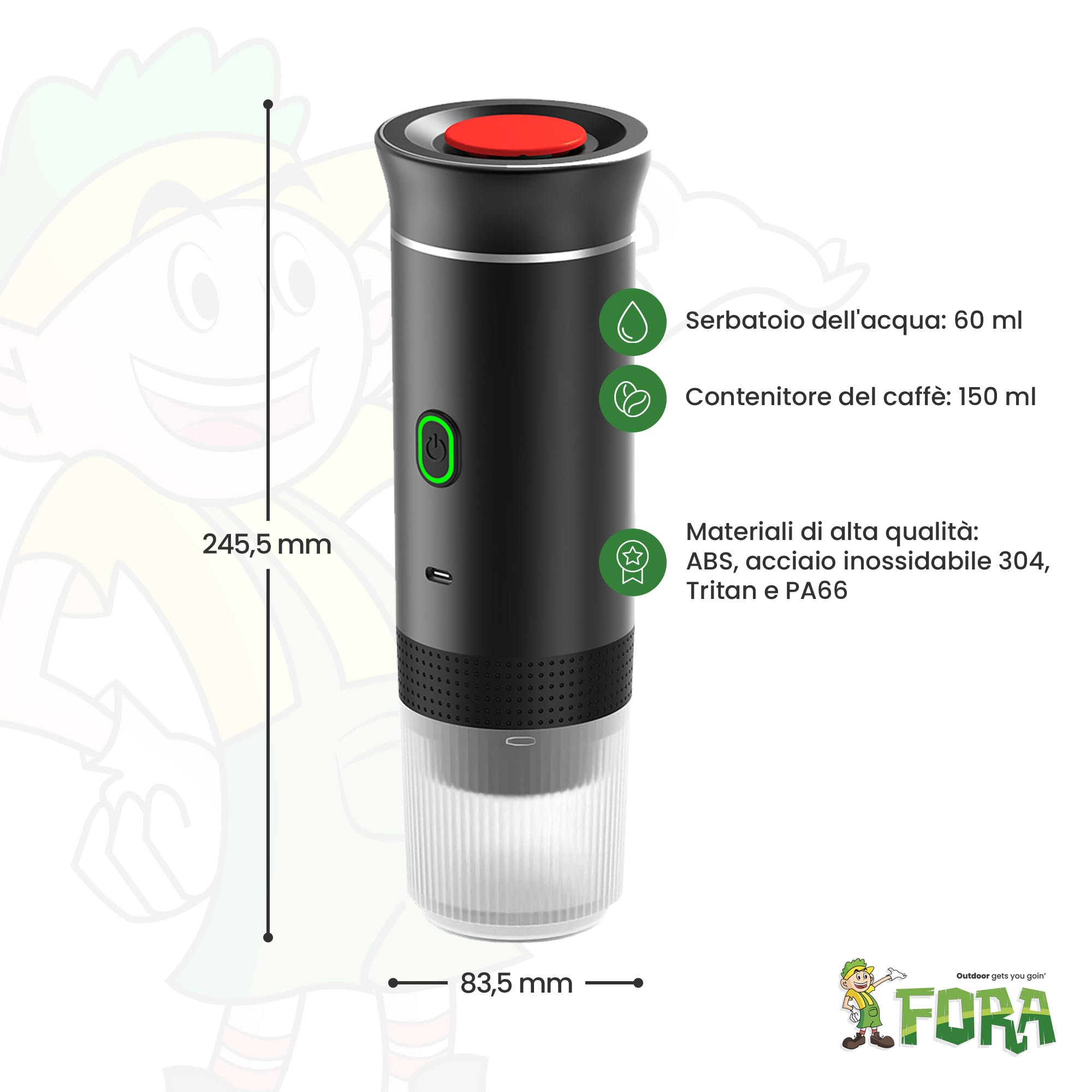 FORA Macchina Caffe Espresso Portatile 3 in 1 - Capsule, 20 Bar