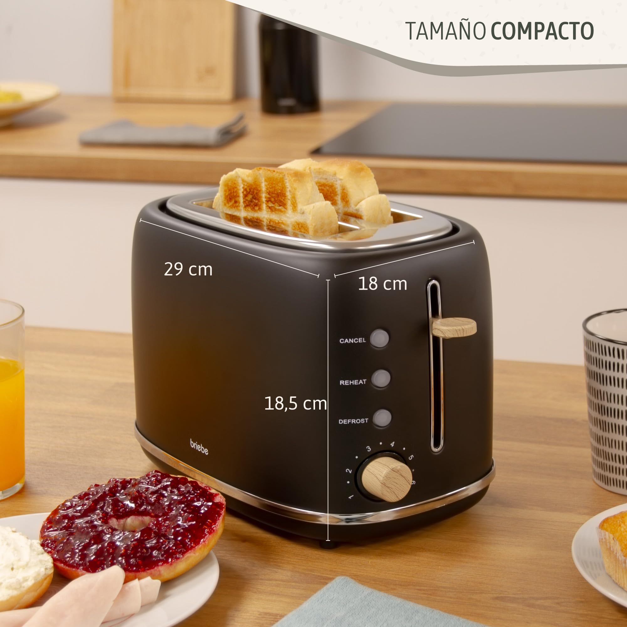 briebe Nordic Tostadora Pan Ranura Ancha, Tostador 2 Rebanadas, 6 Niveles Tostado, Calientapanecillos, Función Cancelar, Recalentar y Descongelar, Bandeja Recogemigas, Diseño Nórdico, 870W, Negro