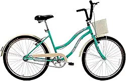 Bicicleta Feminina aro 26 Beach Retrô Azul Turquesa com Aros duplos, Pneus Slik, Paralamas e Cesta Bege - Dalannio Bike