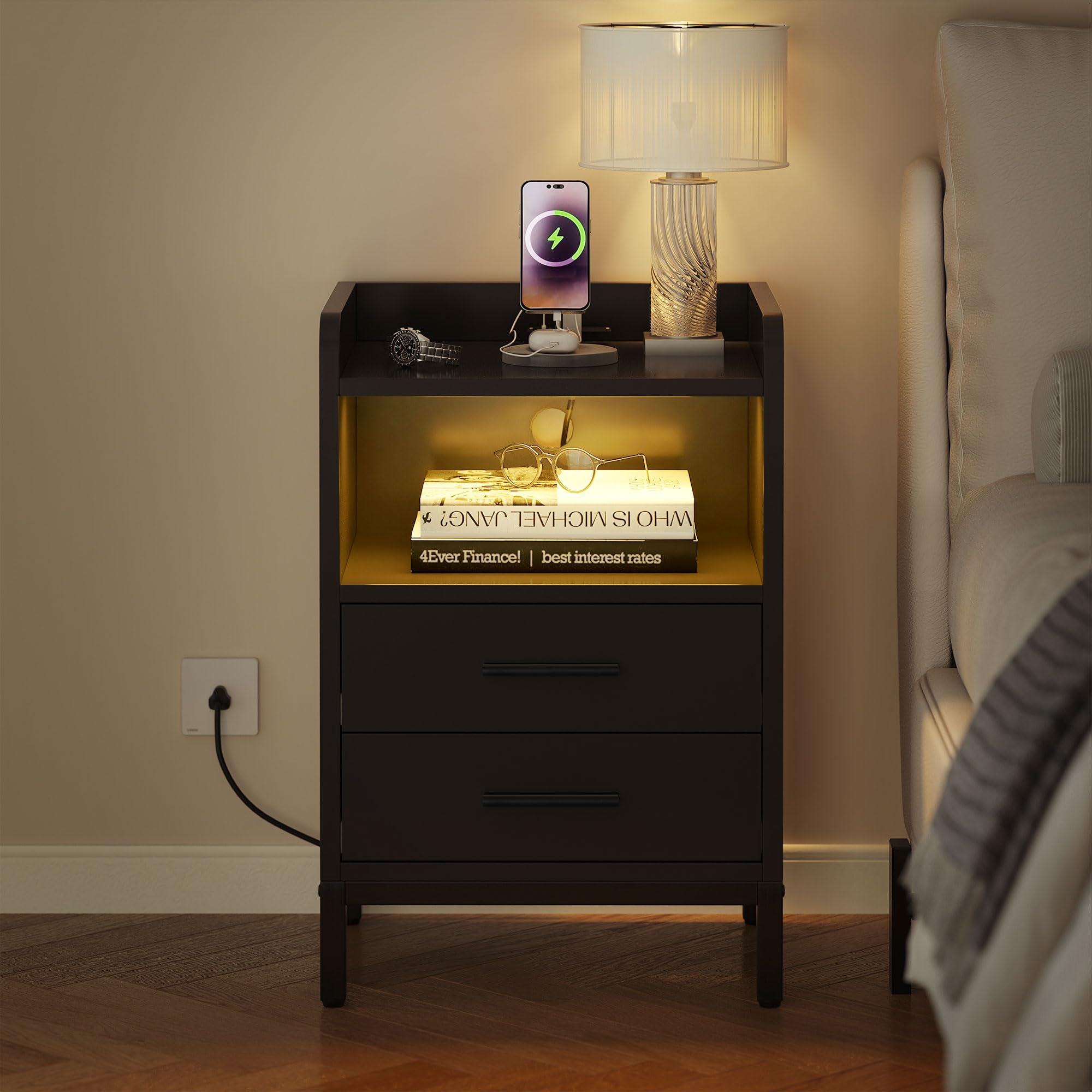 YITAHOME Black Bedside Table with Charging Station,Bedside Cabinet with LED Lights,2 AC Outlets, 2 USB Ports,Nightstand Side Table End Table with 2 Drawers for Bedroom Living Room
