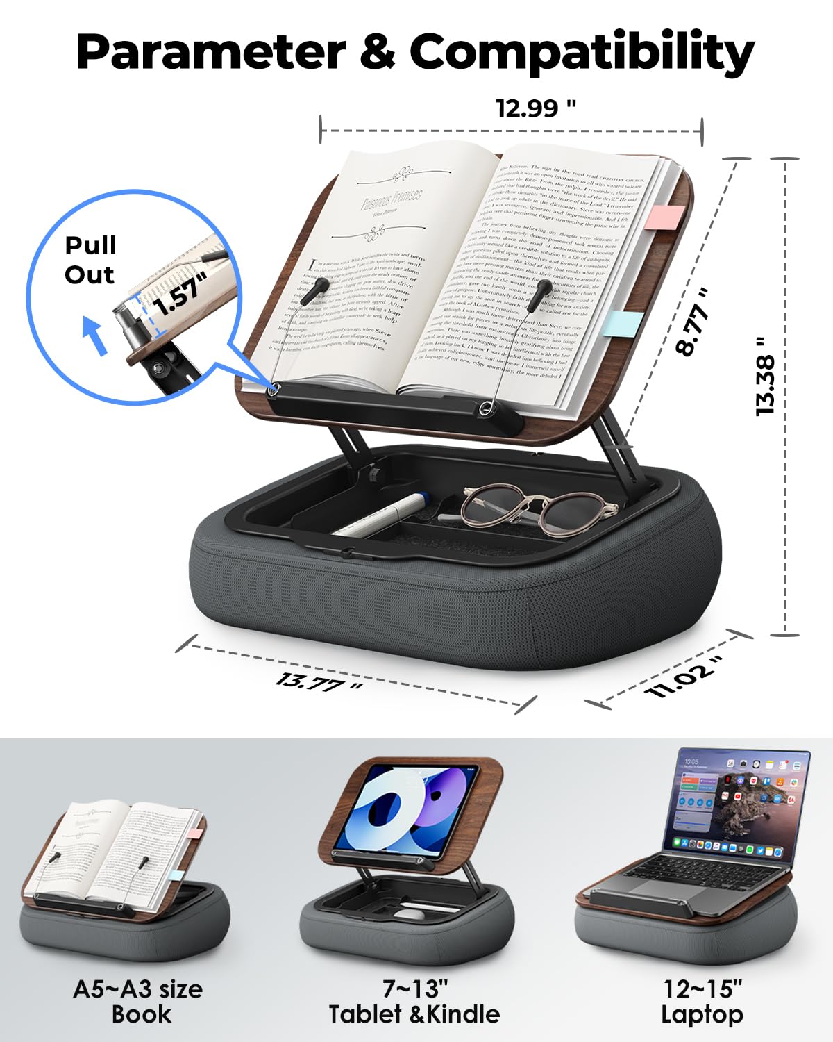 Viozon Support de livre pour lire au lit, avec rangement, bureau sur les genoux, pour livre A3 ~ A5 et tablette/ordinateur portable de 17,8 à 15", coussin de lecture, support de page, support de livre