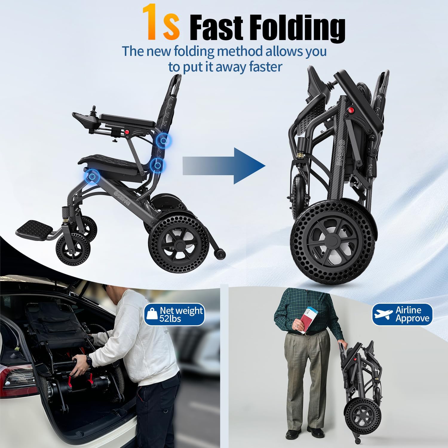 Silla de ruedas eléctrica de aluminio ultraligera y plegable para adultos, motor motorizado 360W, capacidad 150kg, ultraligera 15,8kg, incluyendo paraguas y bastón para caminar,6ah