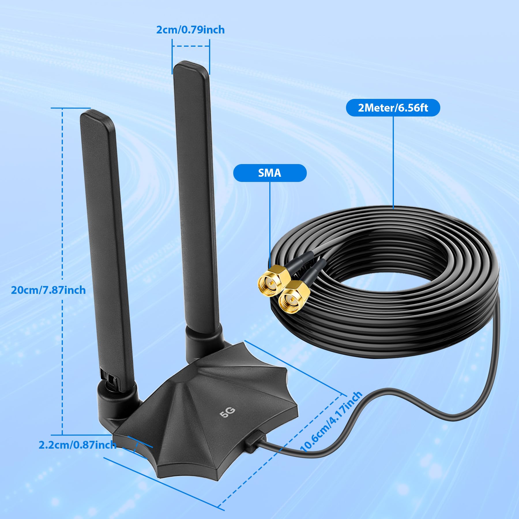 Antenne routeur 5G 4G LTE 8dBi – Large bande 698-3980 MHz Antenne magnétique avec câble de 2 m, prises SMA et TS9 compatible avec Netgear, Huawei, ZTE et passerelles industrielles