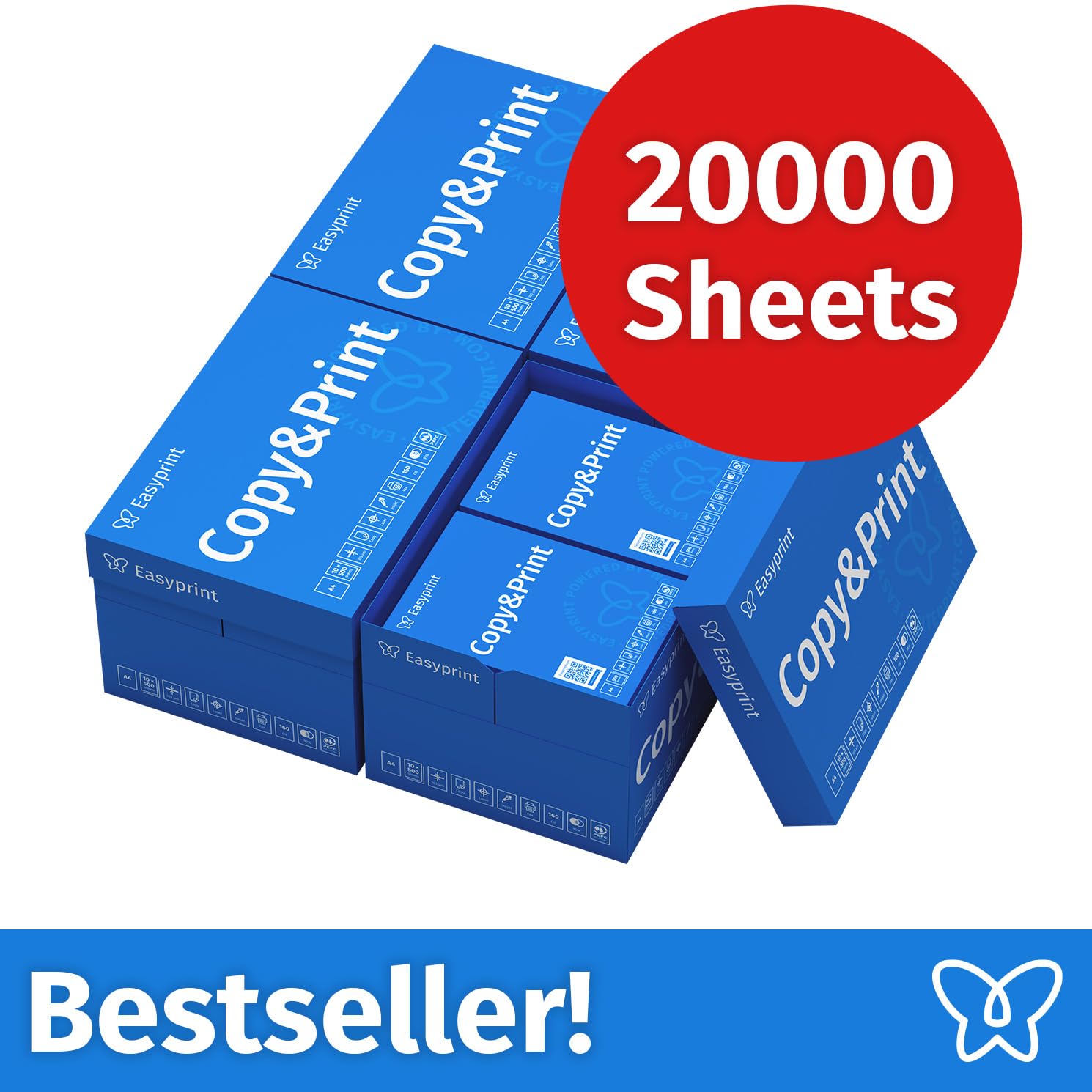 Easyprint Papel multiusos para impresora, Folios A4, 20.000 Hojas, 40 Paquetes de 500, Color blanco brillante CIE 160, PEFC