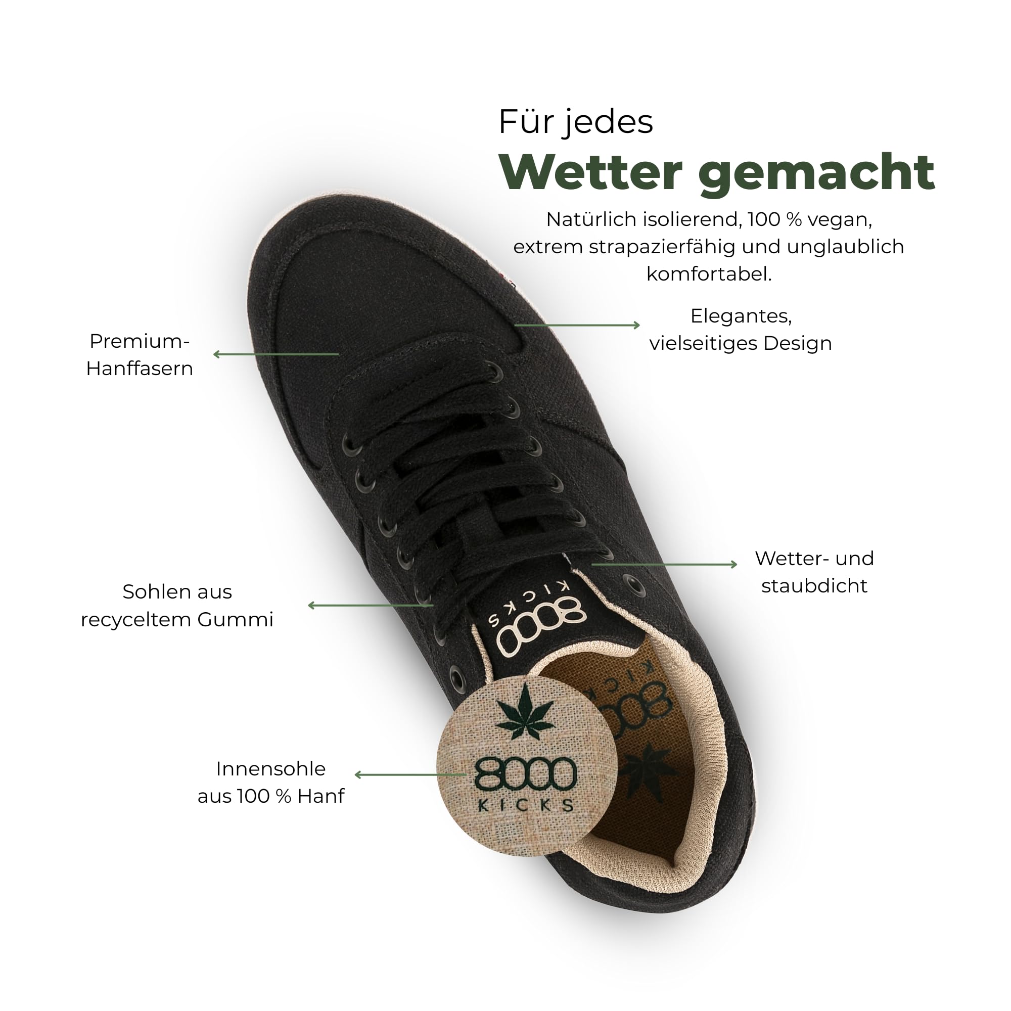 8000Kicks Il Seeker Hanf Sneaker & Scarpe sportive per uomo e donna | Gomma riciclata e cannabis | Sneaker con soletta in canapa | Antibatterico/microbico