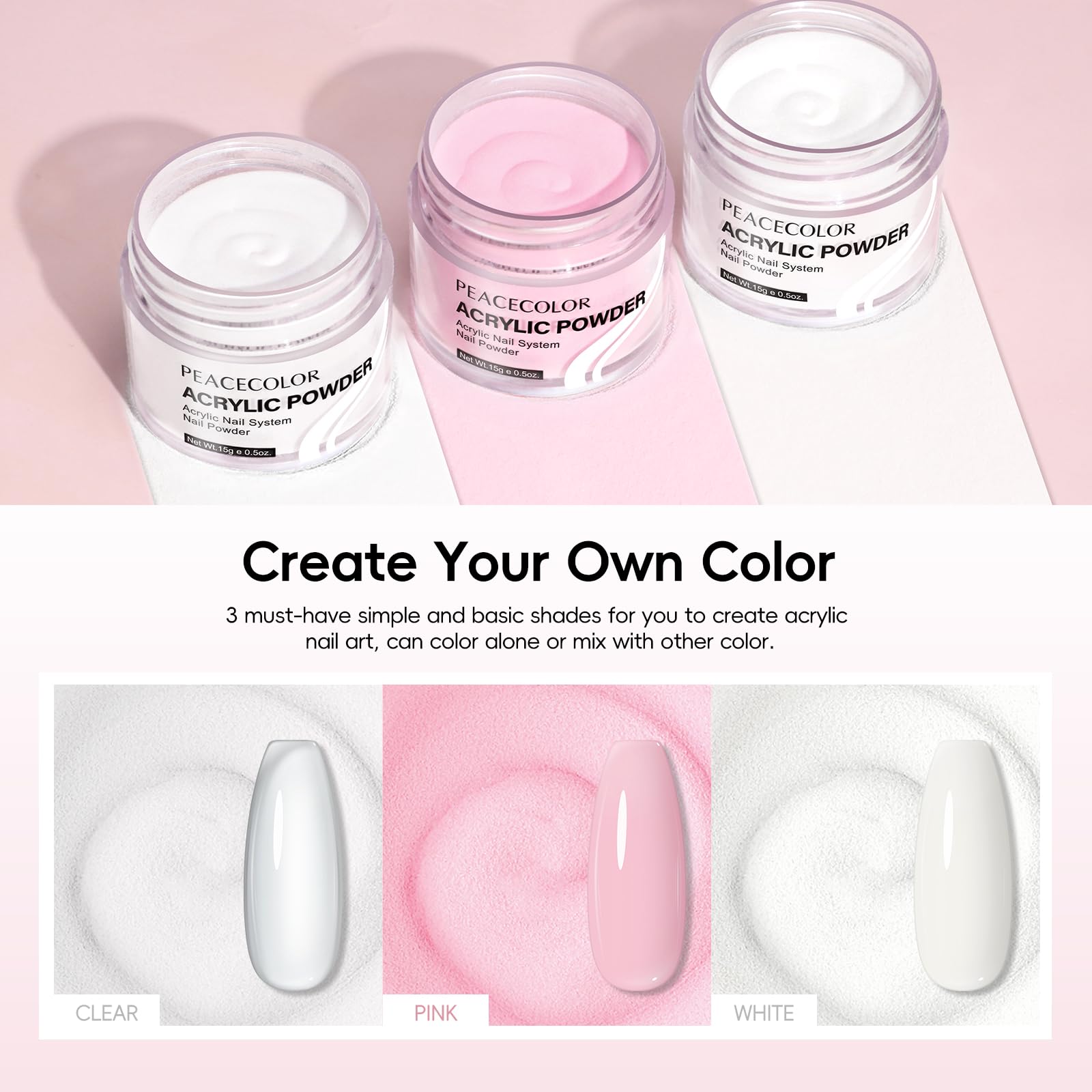 PEACECOLOR Kit Acrylique Ongles Liquide 3 Couleurs Poudre Acrylique pour Ongles Liquide de Manucure Kit Extensions Ongles En Gel Pour Utilisation à Domicile Dans Salon Manucure DIY