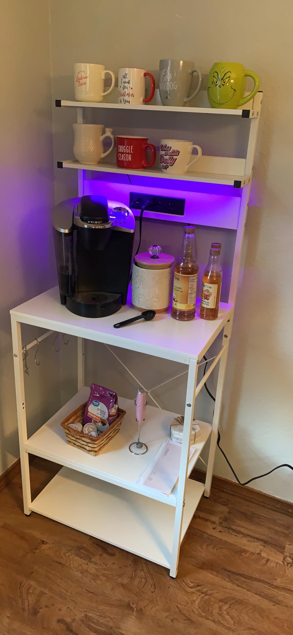 Aheaplus 5-Tier Bakers Rack With Power Outlet & LED Lights | Kitchen Storage Shelf With Coffee Bar & Microwave Stand