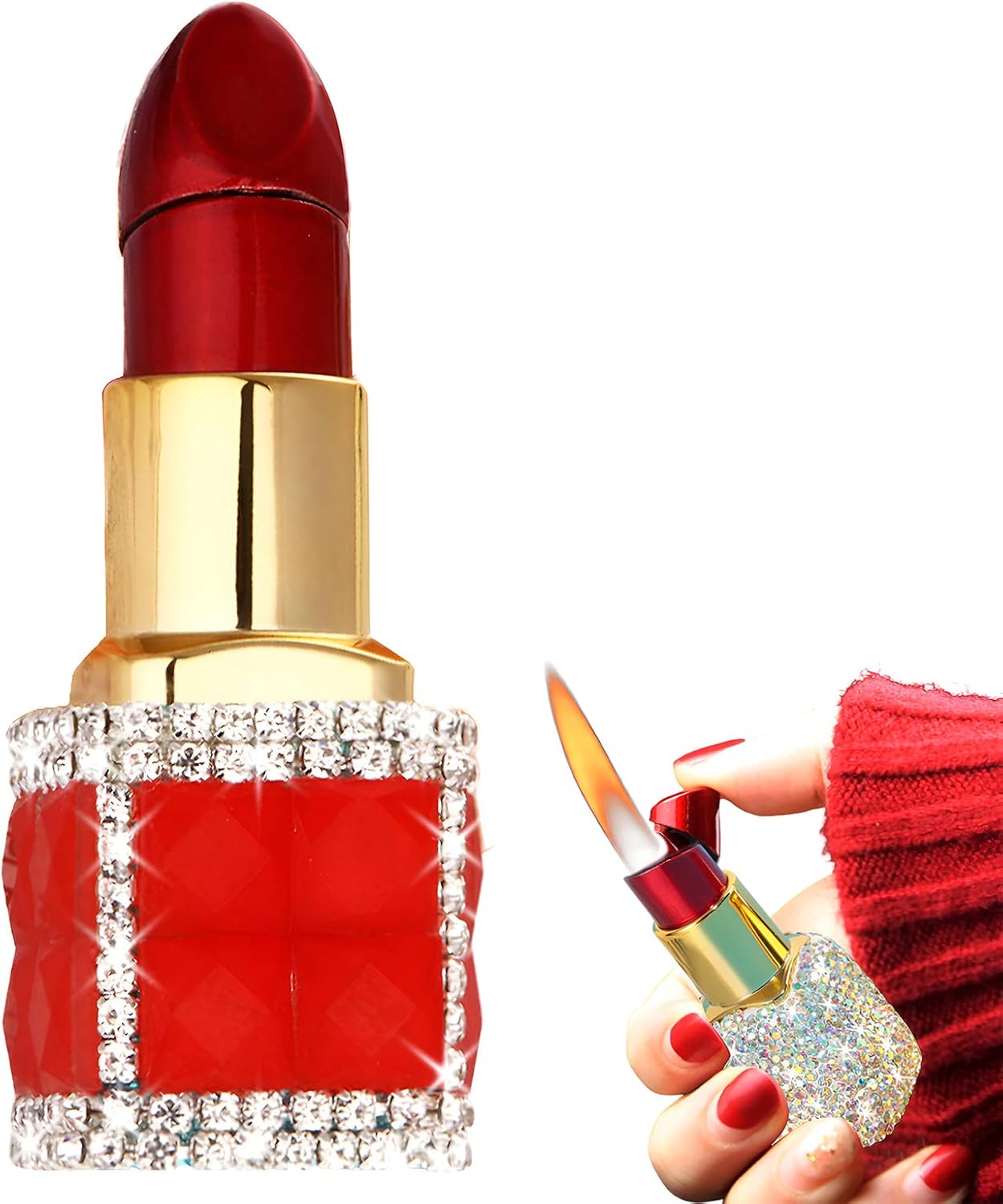 Cute Lipstick Lighter, Luxury Bling Rhinestone Soft Flame Refillable Butane Lighter with Adjust Flame Tool, Unique Torch Lighter Cool Lighters for Women,Girls, Birthday (Without Butane)- Bling Red
