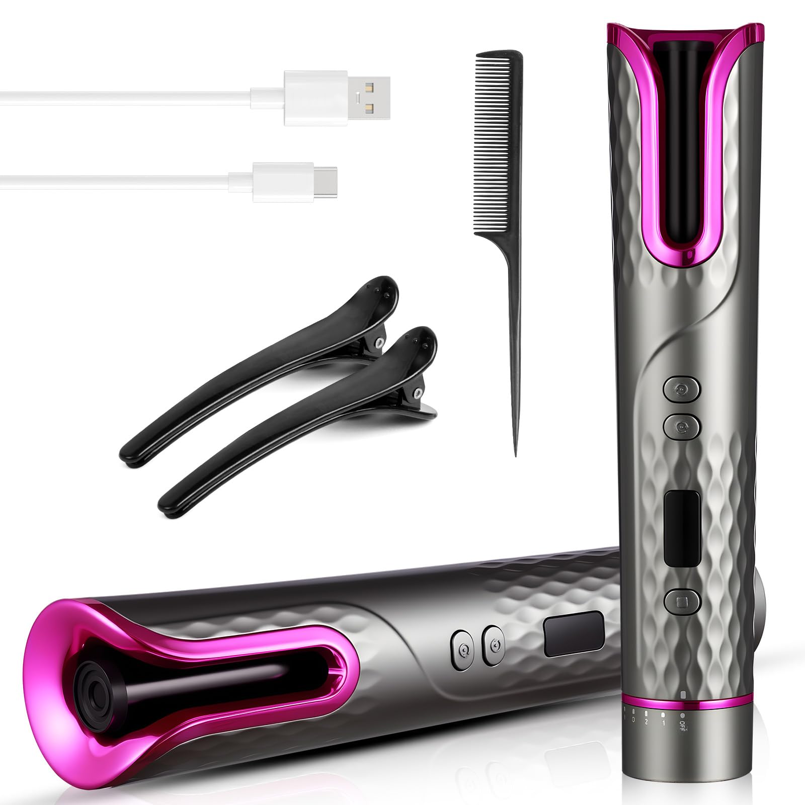 Flintronic Fer a Boucler Cheveux Automatique, Boucleur a Cheveux Sans Fil, Boucleur Céramique USB Rechargeable, avec 6 Réglages de Température & Minuteur, Anti-brûlure, pour Cheveux Longs/Courts