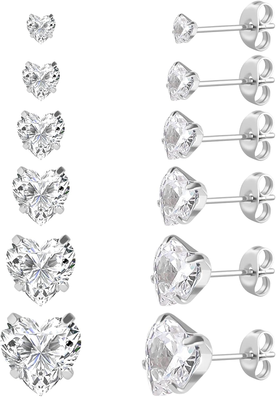 6 Pairs Surgical Stainless Steel Screw back Stud Earrings, 18K Gold Plated Heart Star Square Princess Cut Round Cubic Zirconia CZ Stud Earrings Set