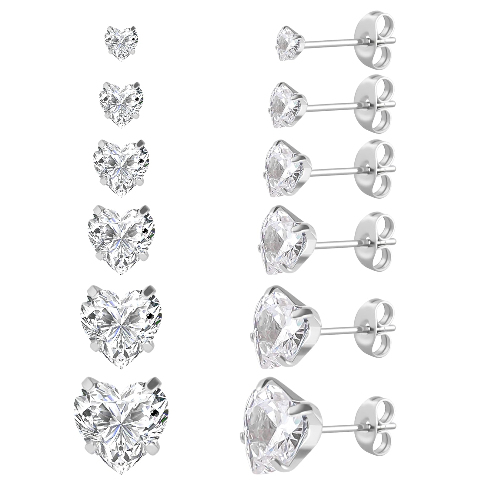 6 Pairs Surgical Stainless Steel Screw back Stud Earrings, 18K Gold Plated Heart Star Square Princess Cut Round Cubic Zirconia CZ Stud Earrings Set